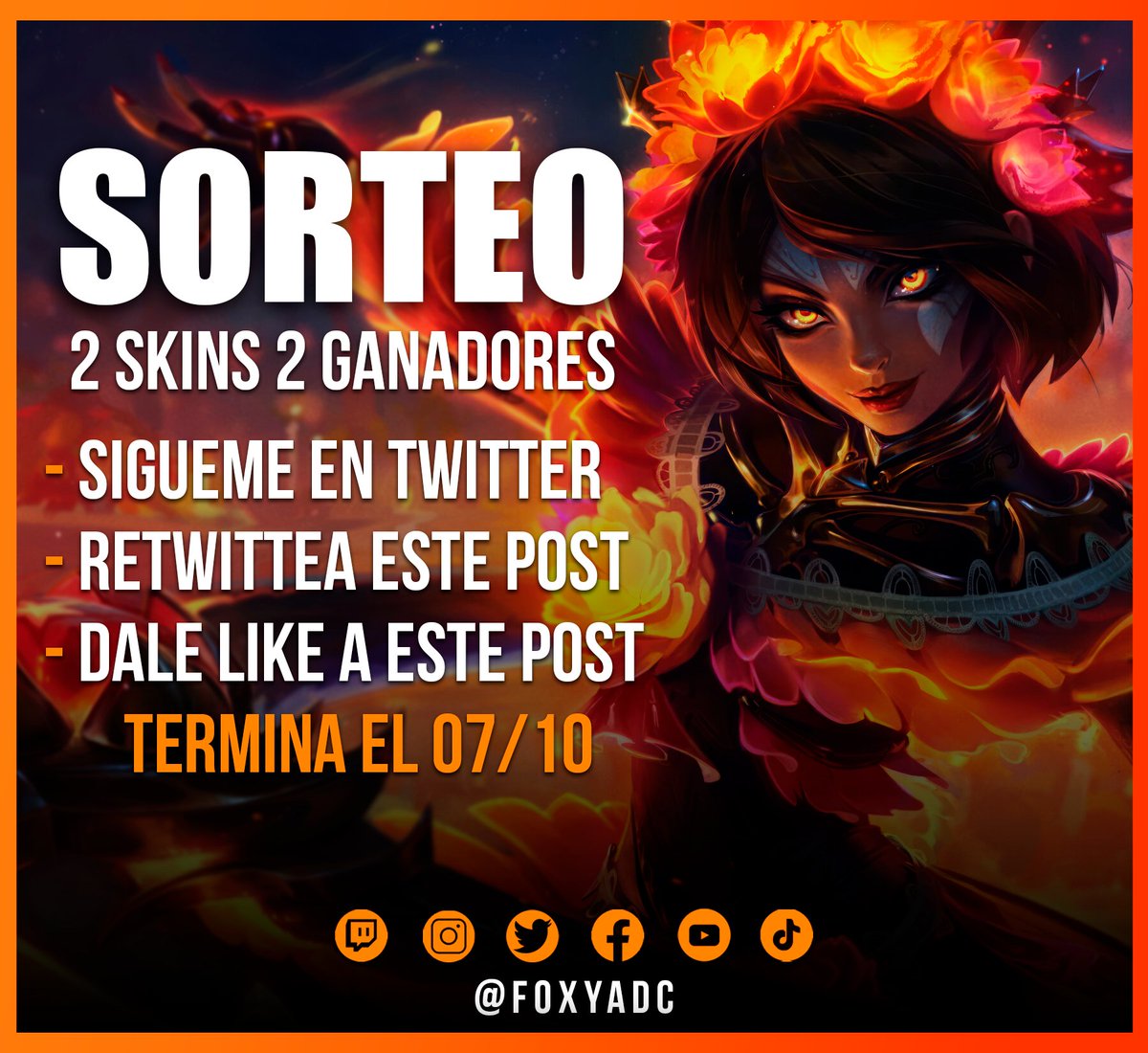Sorteo de las nuevas skins ''La ilusión'' 

Para LAN-LAS-NA

2 skins 2 ganadores

Requisitos:
- Seguirme <a href="/FoxyADC/">JANNA FEET ENYOJER 👅🦶</a> 
- Darle RT 🔄 Y Like 💙

Los ganadores se darán el Sábado 7 por mi canal de Twitch 👉 TTV/FoxyADC