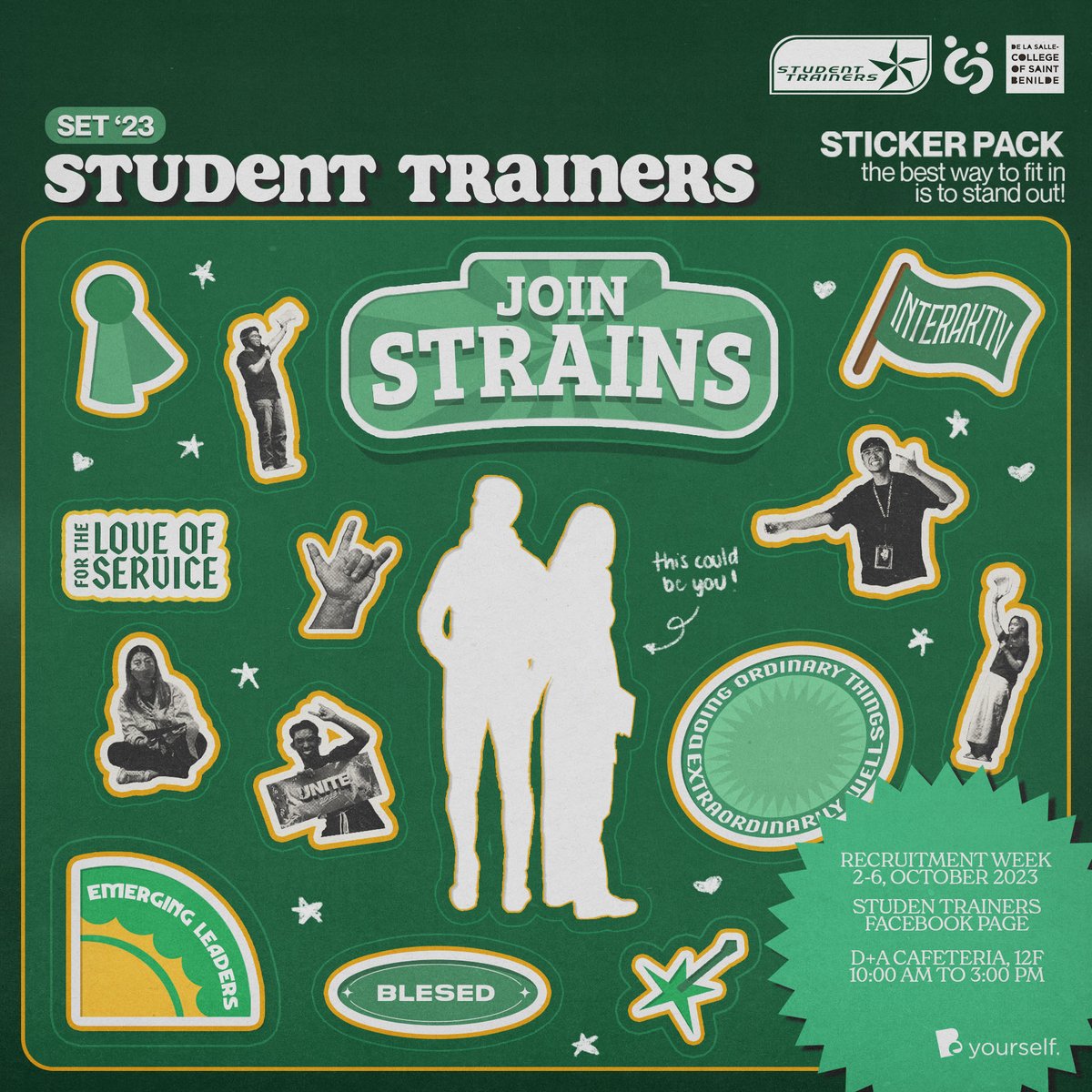 StudentTrainers's tweet photo. Our doors are open, embrace the opportunity and be part of our journey! ๐ชโจ
Ready to embark on the adventure? Join us for the ๐๐๐๐๐๐๐ Recruitment Week, October 2 to 6 at the D+A Cafeteria. Explore the #WorldOfSTRAINS with us! ๐งญ
#JoinSTRAINS https://t.co/lbE7gz8mKk