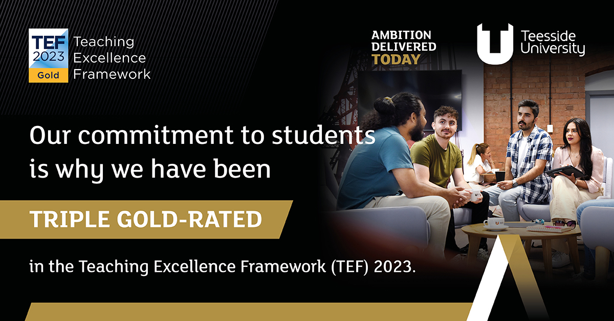 TeessideUni's tweet photo. Delighted to see our commitment to students receive ‘outstanding’ praise today as we received a triple gold rating in the Teaching Excellence Framework 2023 - more here 👉 https://t.co/Y7m9lwoTQH #TEF #WeAreTeamTeesside @officestudents https://t.co/W0qGTEMFuS