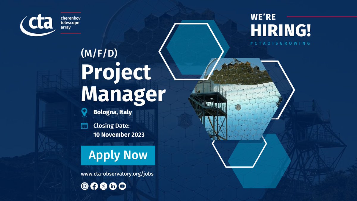 #CTAOisgrowing! We’re hiring a Project Manager to:
👷‍♀️Direct activities to build &amp; commission the CTAO
🤝Lead the Project Office
📝Manage the project plan, cost &amp; schedule

Read more &amp; apply: cta-observatory.org/jobs
Deadline: November 10

#jobopportunities
📲Follow us for updates!