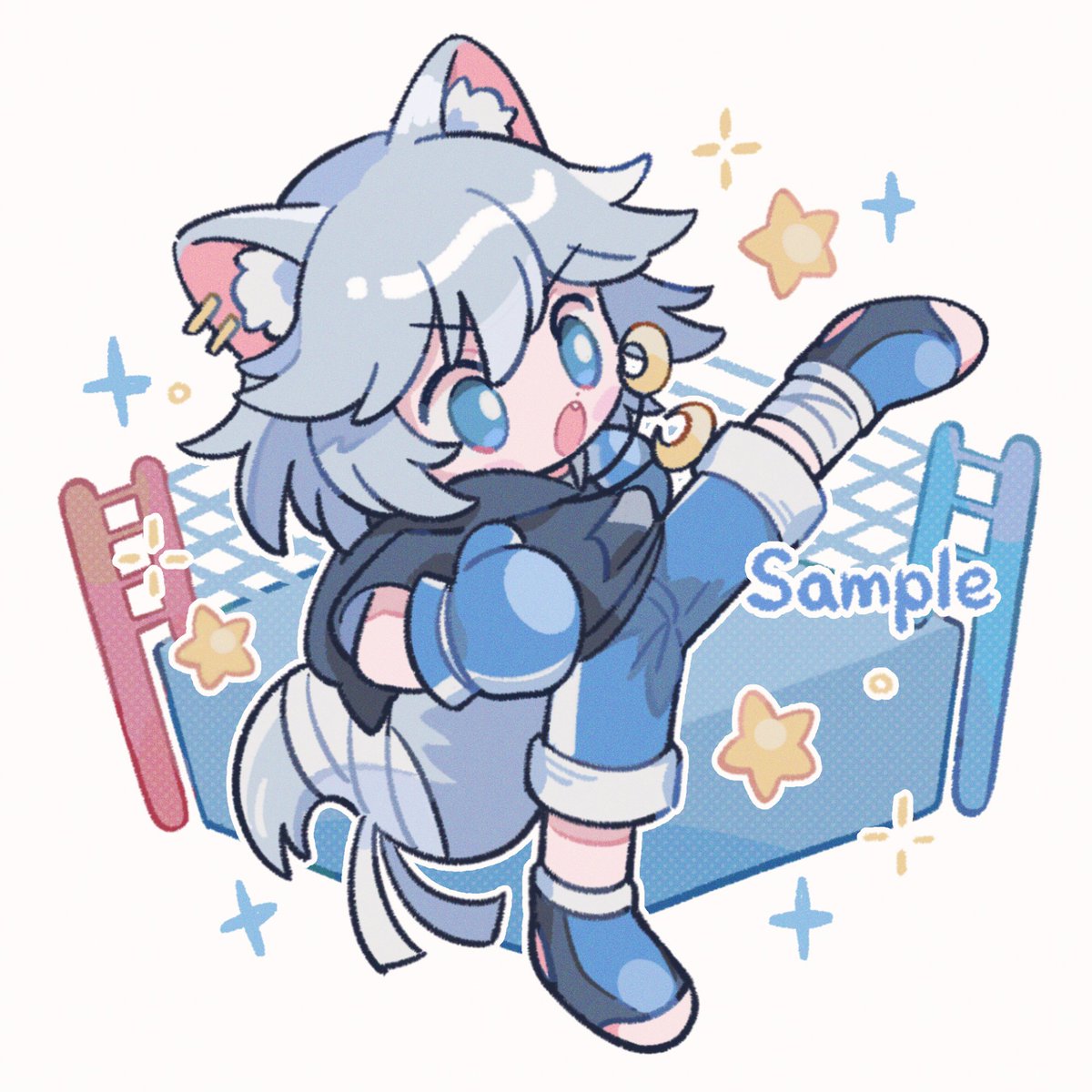 1girl animal ears blue eyes solo grey hair boxing gloves jewelry  illustration images