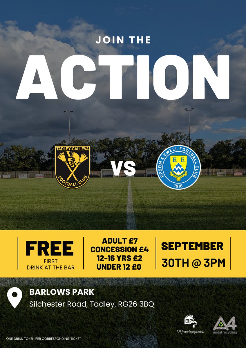 TadleyCallevaFC's tweet photo. JOIN THE ACTION.

FREE DRINK AT THE BAR WITH YOUR MATCHDAY TICKET.

Saturday sees us entertain @EpsomEwellFC at Barlow's Park. We are hoping for a large crowd to really get behind the team &amp; build on our great form. 

Tadley, God Help Us.

#Romans
💛🖤 https://t.co/0HNYCDUkUT