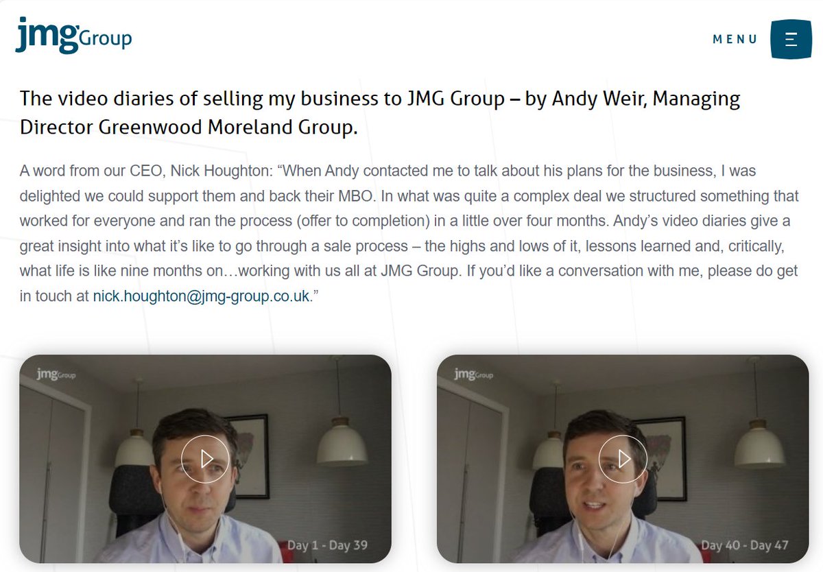 Last year, <a href="/GM_Brokers/">Greenwood Moreland Insurance Brokers</a> MD Andrew Weir documented the sale of his business to the JMG Group. His video diaries give an open and honest account of the process, some great insights, highs and lows, and lessons learned.
Watch them here: jmg-group.co.uk/join-us/#video…