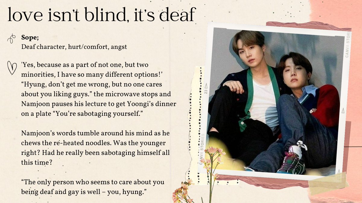 hurtcomfortfest's tweet photo. 🌸 love isn't blind, it's deaf || Sope

✨ M-rated, 9k, creator chose not to use archive warnings 
🔗 https://t.co/qaApdAwhZz https://t.co/rZ8mPql3Kc