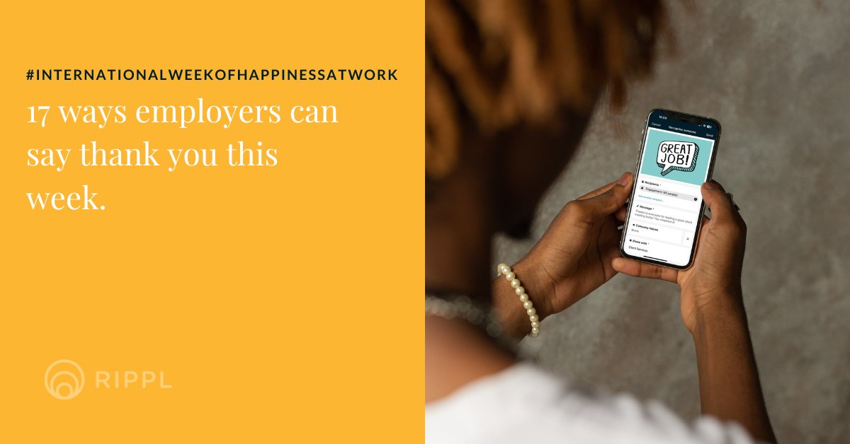 ripplplatform's tweet photo. ⭐ Did you know, 82% of employees are happier when recognised at work? Here are 17 ways employers can say thank you for #InternationalWeekofHappinessatWork: https://t.co/edmRiDq9tB #GetMore https://t.co/D1oNTU7hws