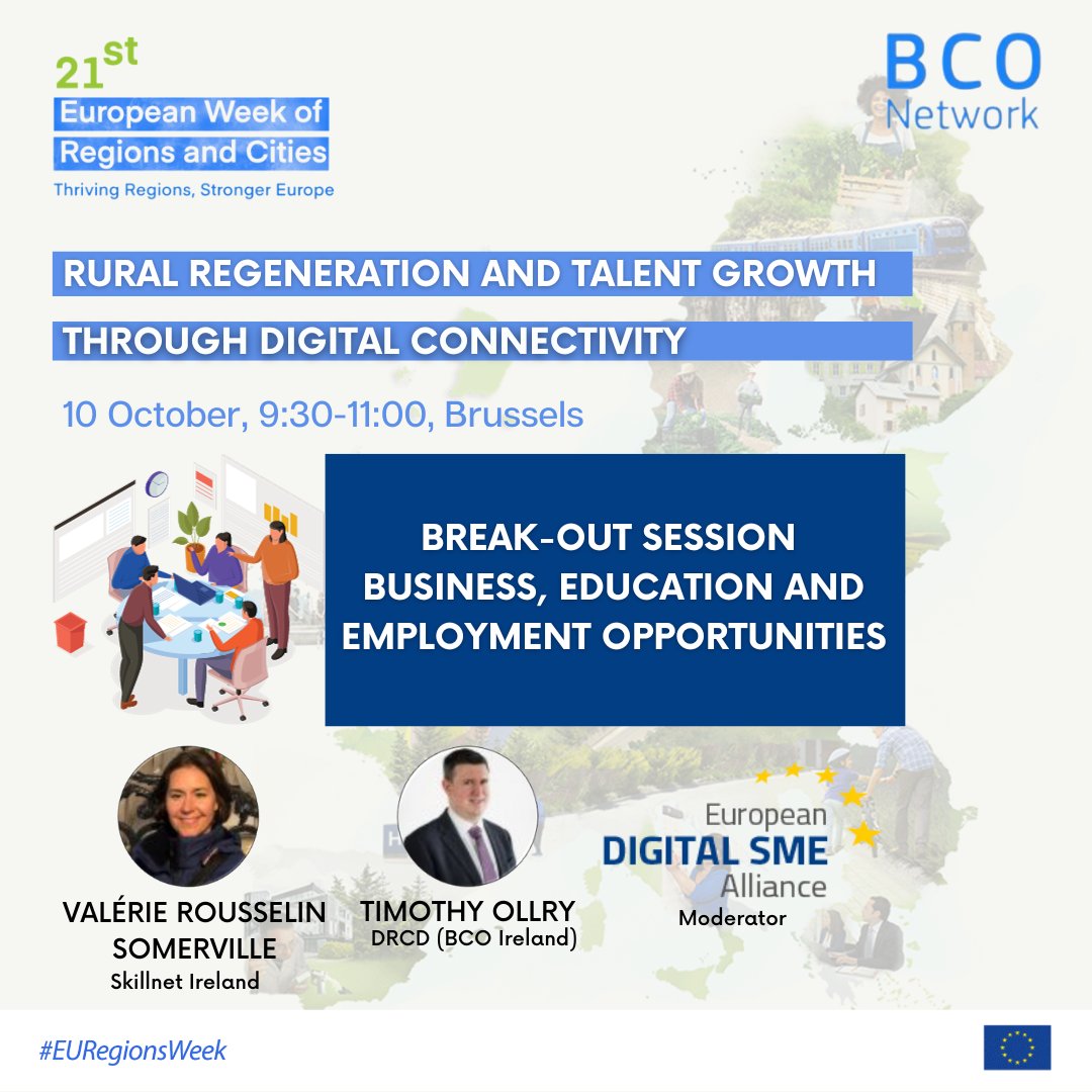 📣Last chance!

🌐Rural Regeneration and Talent Growth through Digital Connectivity
🗓️ Tue, October 10, 9:30-11:00

Don’t miss Business, education, and #employment opportunities break-out session

Registrations until 30 Sept 👇 europa.eu/!FHKDpT

#BCOnetwork #EURegionsWeek