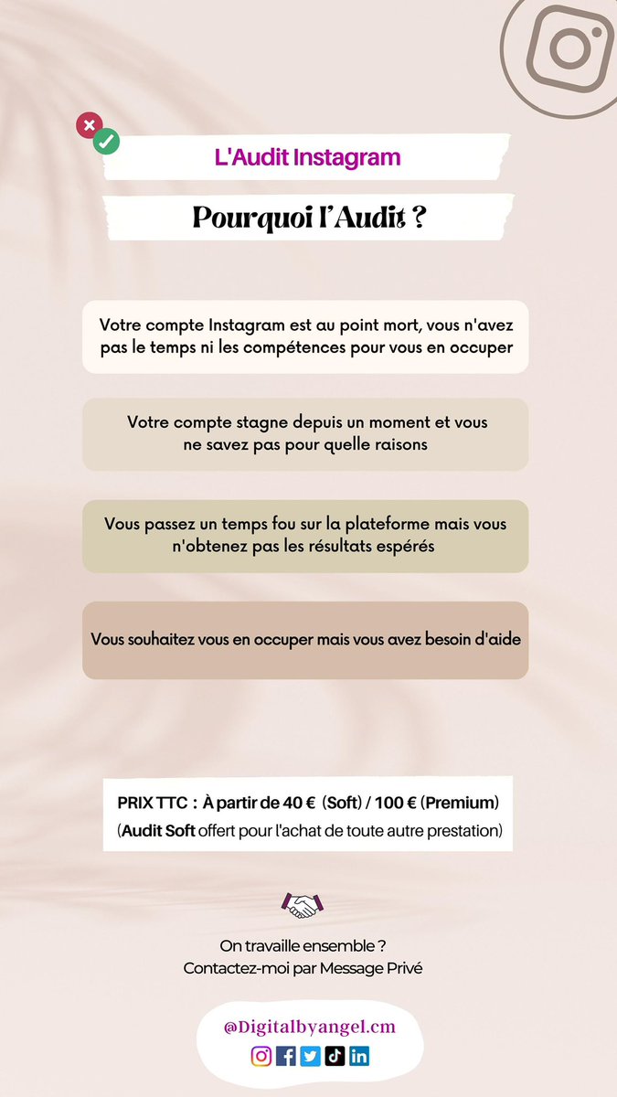 DigitalByAngel's tweet photo. 🔎 Passez à l’Audit Instagram pour analyser les points forts / points faibles de votre compte et savoir quelle stratégie adoptée pour les améliorer 🤝 

🔍 Audit Soft
OU
🔍 Audit Premium 

#audit #auditinstagram #instagram #socialmedia #digital https://t.co/Ym948arlEa