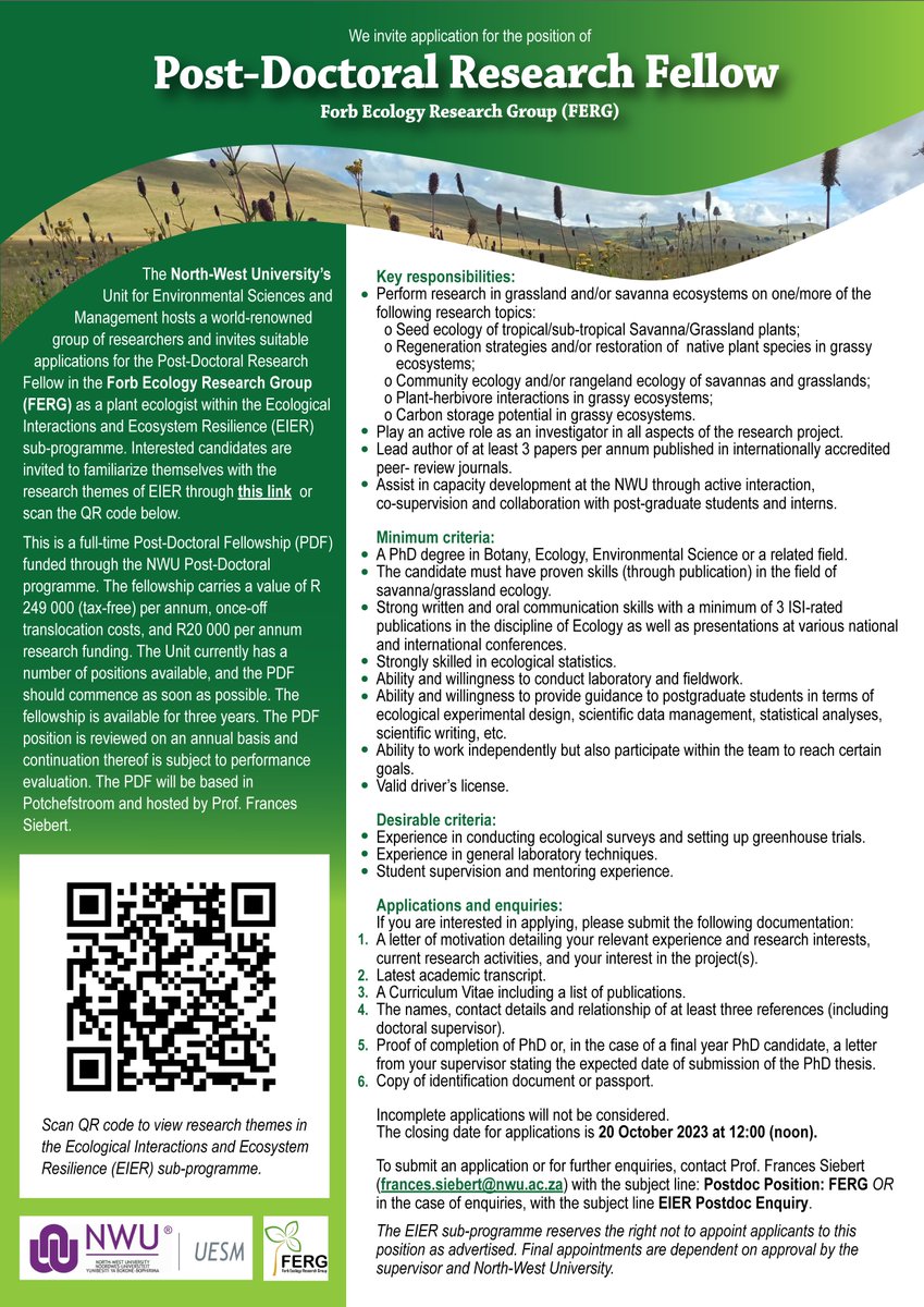 VACANCY: Postdoctoral Research Fellow - Forb Ecology Research Group (FERG)  

View advertisement in PFD format: natural-sciences.nwu.ac.za/sites/natural-……

<a href="/FERG_NWU/">FERG NWU</a>

#FERG #Forbs #wildflowers #grassland #savanna #vegetation #ecology #plants #research #environmentalscience