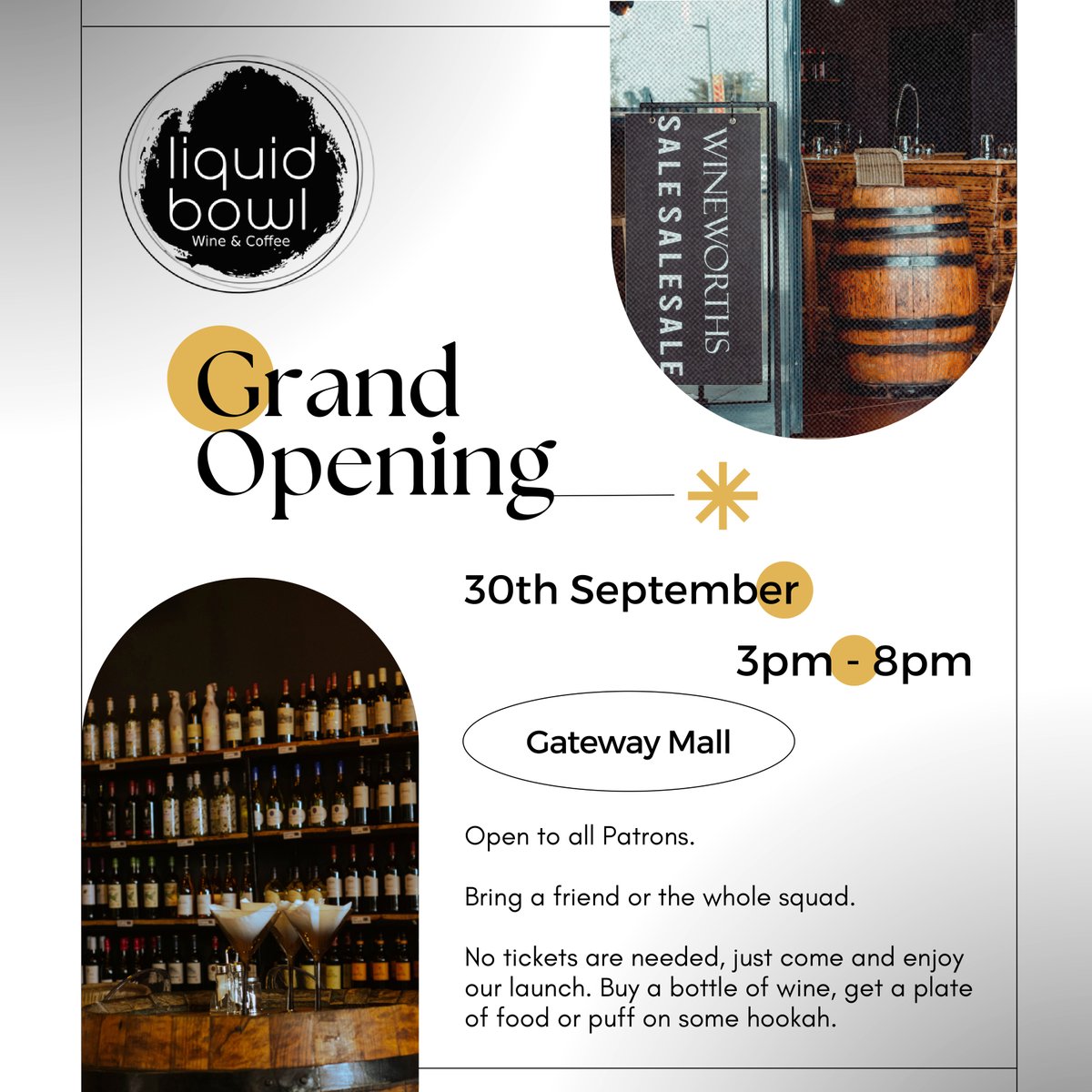Join us for an unforgettable evening at the grand launch of Liquid Bowl Wine Bar! Discover a world of exquisite wines and delectable meals. Raise your glass to the taste of elegance!

#WineLoversUnite #SipAndSavor #WineExtravaganza #Wineworths #WineBarDiscoveries