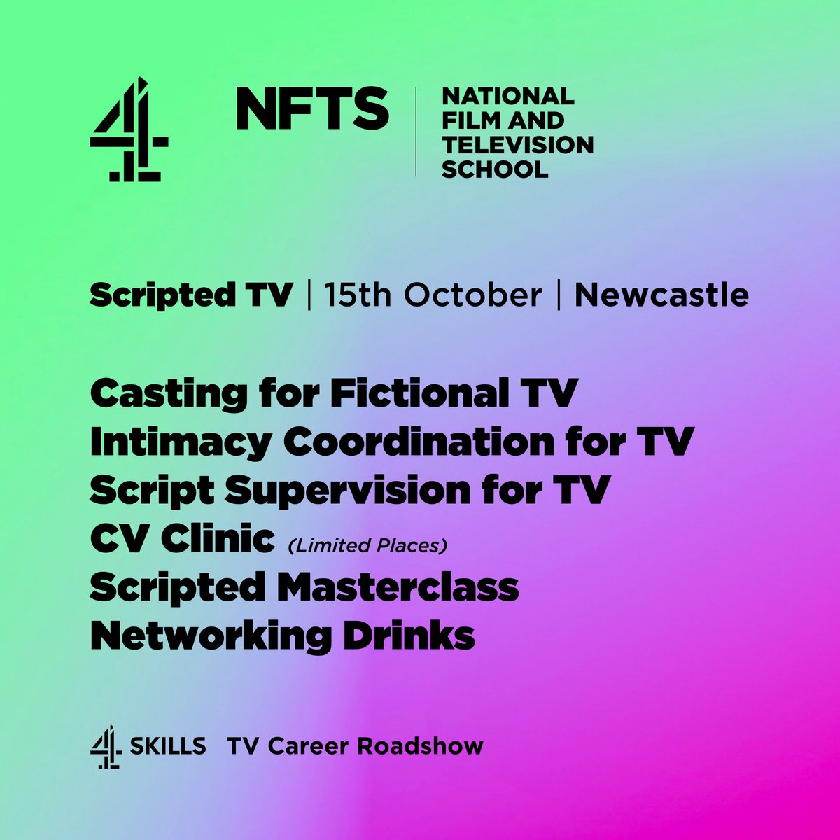 Channel4Skills's tweet photo. 📢TV Careers Roadshow is back! In partnership with @NFTSFilmTV we’re bringing you exciting career events over 2 days across the country.

First stop is📍NEWCASTLE 
📆Sun 15th (Scripted) – Mon 16th Oct (Unscripted) 

Book your FREE spot▶️https://t.co/0aKy5mIPLI https://t.co/ZoJ9QPdBR1