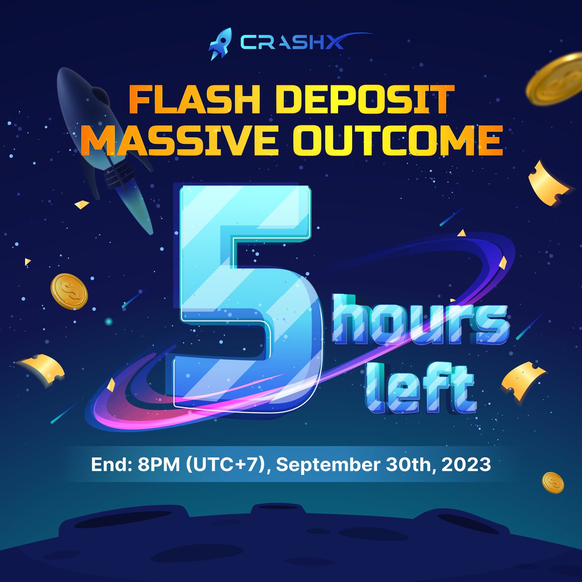 CrashxGame's tweet photo. THE PROMOTION EVENT WILL END IN 5️⃣ MORE HOURS

🏅 More spin, more win at https://t.co/ulMdub66or

Get ready to claim some rewards 🎁

#CrashX #crashx #Gambling https://t.co/BouUZzvhGu