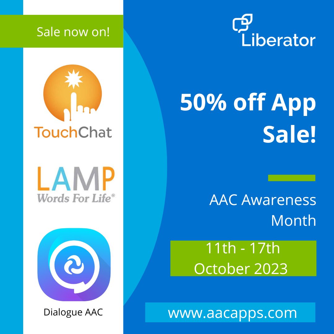 LiberatorLtd's tweet image. Go go go! Our App Sale is now live! Get 50% off all 3 of our amazing iOS AAC apps!

Terms and conditions apply and can be found by following the link in our bio.

#aacsale #appsale #aacapps #aacawarenessmonth #iOS #lampwfl #wordsforlife #touchchat #dialogueaac #iPad