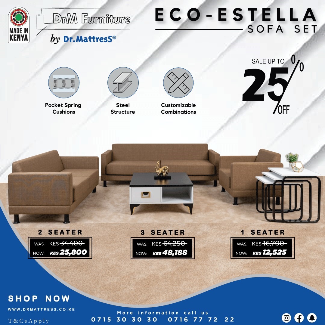 dr_mattress's tweet image. The centerpiece of relaxation in our living room. 🏡
Shop with us and get this economical, yet quality Eco Estella sofa.

📍Our Locations Countrywide: bit.ly/3JJi66p

#sofaset #sofasets #soafsetdesigns #furniture #SteelStructure #MadeInKenya #DrMFurniture #Nairobi