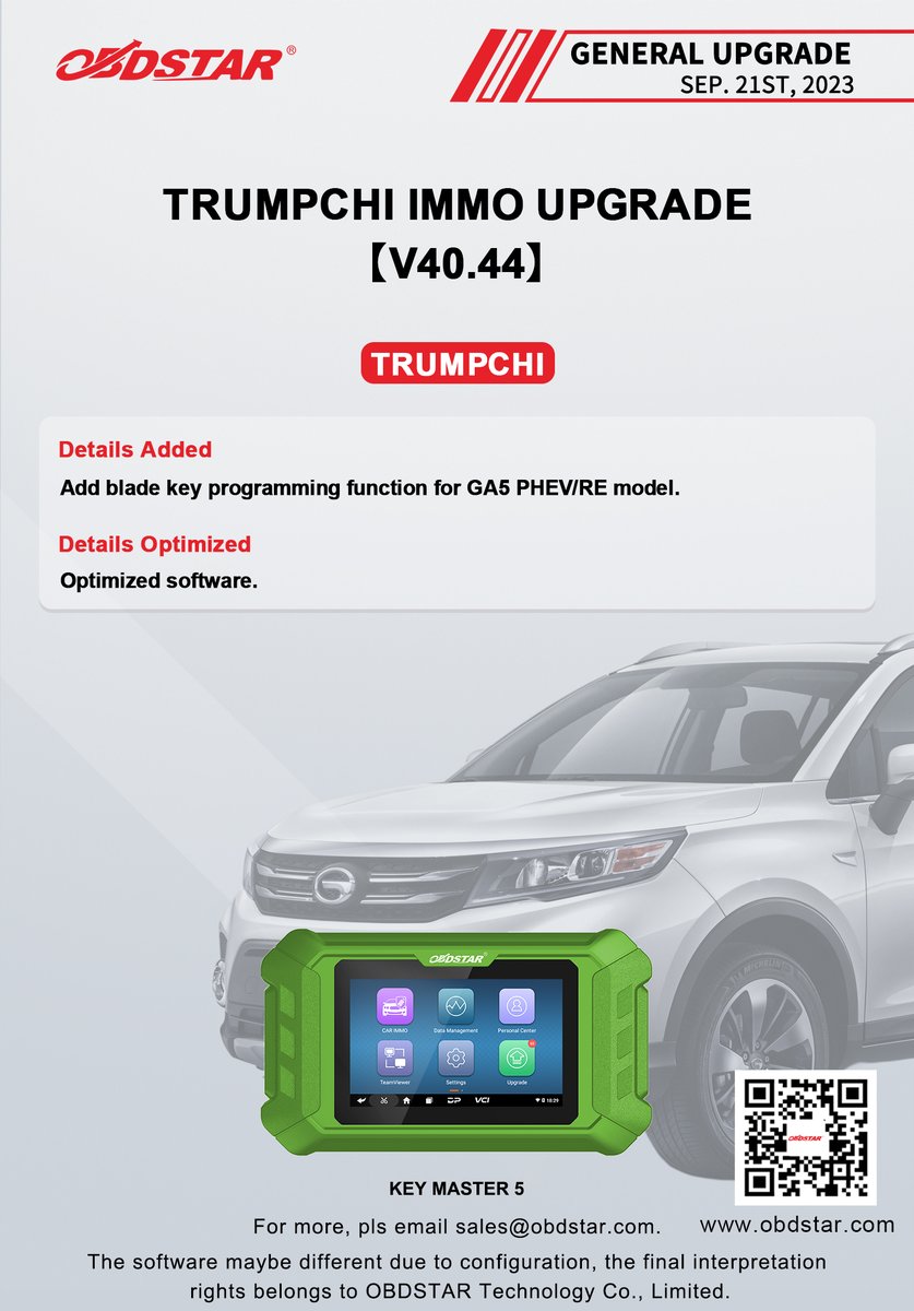ObdstarTec's tweet photo. #OBDSTAR #AUTOMOBILE #GeneralUpgrade
TRUMPCHI IMMO UPGRADE【V40.44】
NETA IMMO UPGRADE【V40.02】
FAW IMMO UPGRADE【V30.62】
GEELY IMMO UPGRADE【V30.90】

#SoftwareUpgrade #IMMO #Auto #KeyMasterDPPlus #KeyMaster5 #TRUMPCHI #NETA #FAW #GREATWALL #GEELY https://t.co/Y6sEg5Khzc