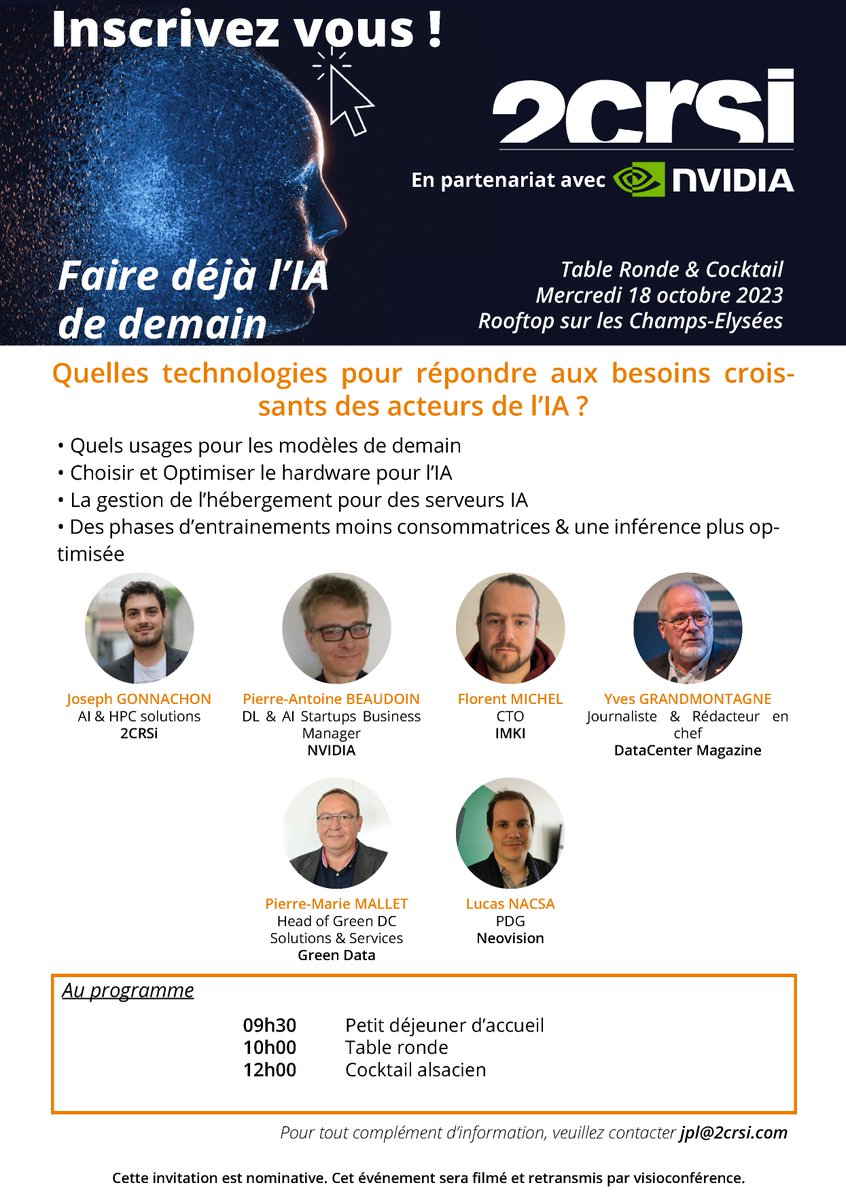 📢 Notre événement sur l'#IA en collaboration avec <a href="/nvidia/">NVIDIA</a>  approche à grands pas !

Inscrivez-vous en présentiel ➡️ bit.ly/3RzBN52 ou en visioconférence ➡️ bit.ly/459pFuO