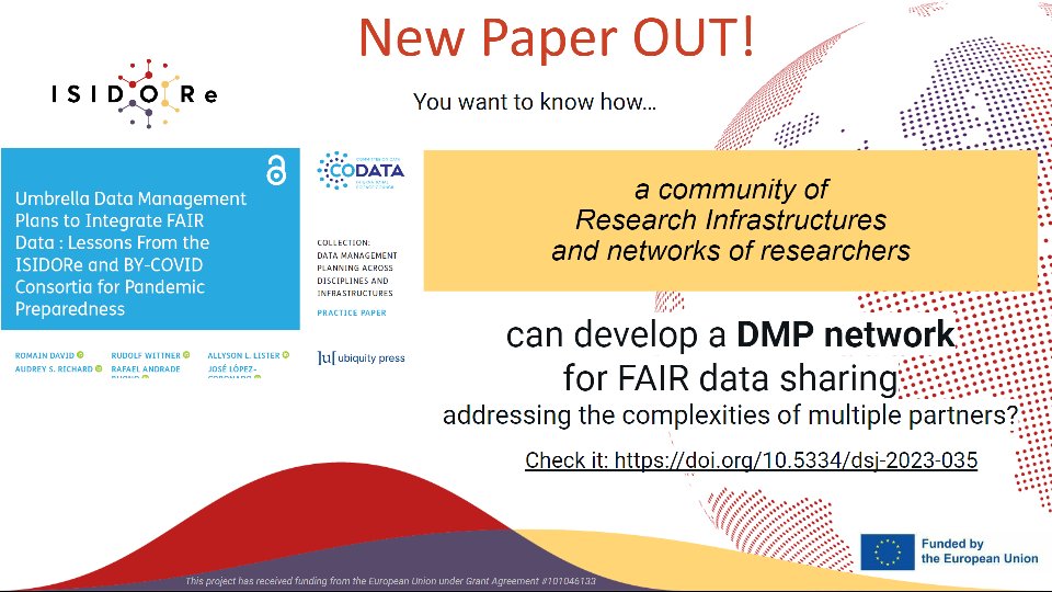 📖Have you had a look at our new paper? You should have, but it is not too late! 
dx.doi.org/10.5334/dsj-20…
Find out more about the Data Management Plan to integrate FAIR data for #pandemic preparedness developped with <a href="/BYCOVID_eu/">BY-COVID Project</a> <a href="/isidore_eu/">ISIDORe</a> <a href="/EoscLife/">EOSC-Life</a> Ifyou like it, please repost!