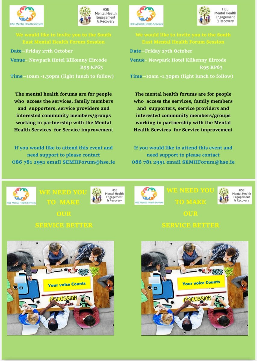 MHER_Ire's tweet photo. Are you residing in @SouthEastCH ?
Do you want to influence #mentalhealth service delivery? 
If so come along the South East Local Forum Session occurring in @NewparkHotel , Kilkenny from 10am - 1pm on Friday 27th October 2023. 
#engagedinrecovery #engagement https://t.co/MhXWVLJPHU