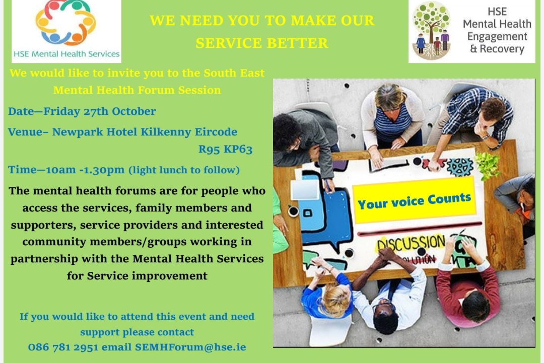 MHER_Ire's tweet photo. Are you residing in @SouthEastCH ?
Do you want to influence #mentalhealth service delivery? 
If so come along the South East Local Forum Session occurring in @NewparkHotel , Kilkenny from 10am - 1pm on Friday 27th October 2023. 
#engagedinrecovery #engagement https://t.co/MhXWVLJPHU