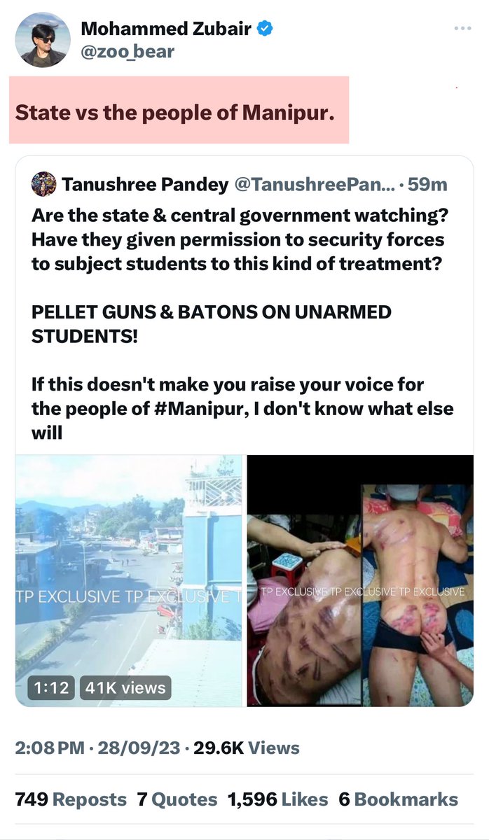 THIS IS A VERY SERIOUS MATTER

Toolkit journalist <a href="/TanushreePande/">Tanushree Pandey</a> has posted an image and a video and claimed that security people have beaten UNARMED STUDENTS!

Senior toolkit member <a href="/zoo_bear/">Mohammed Zubair</a> has quoted that tweet and tried to escalate the tension in Manipur.

In reality, they