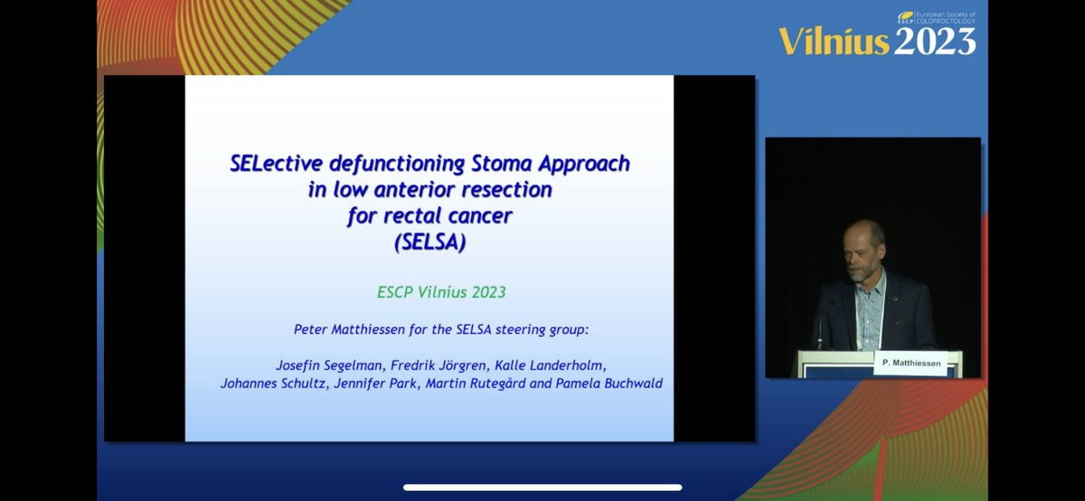 EuroSurg's tweet photo. Learning about the upcoming SELSA study on selective defunctioning stoma approach in low anterior resection at @escp_tweets #ESCP23 https://t.co/psahB9a6jQ