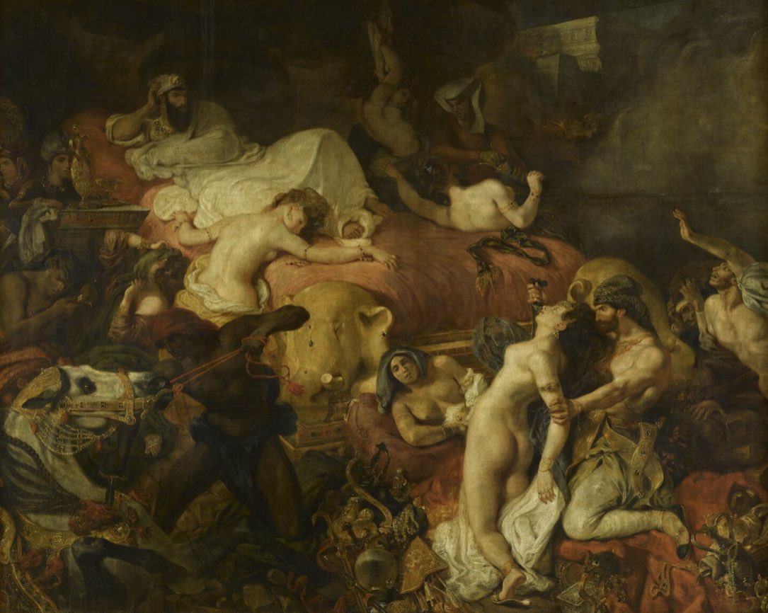 Troian_Leroy's tweet image. À gauche, la Mort de Sardanapale d’Eugène Delacroix (1827, Musée du Louvre) avant restauration. À droite, la même œuvre après restauration. La peinture a bénéficié d’un nettoyage et d’un dévernissage qui ont révélé les couleurs d’origine, jusque là dissimulées sous des vernis…