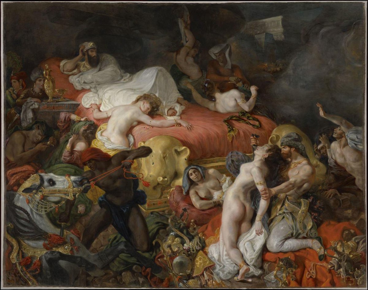 Troian_Leroy's tweet image. À gauche, la Mort de Sardanapale d’Eugène Delacroix (1827, Musée du Louvre) avant restauration. À droite, la même œuvre après restauration. La peinture a bénéficié d’un nettoyage et d’un dévernissage qui ont révélé les couleurs d’origine, jusque là dissimulées sous des vernis…