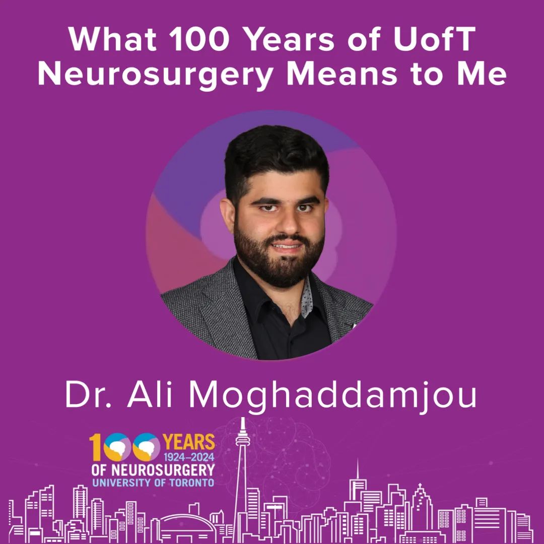 UofTNeuroSurge's tweet photo. Dr. Ali Moghaddamjou reflects on what 100 years of @UofT #Neurosurgery means to him - the opportunity to celebrate the success and contributions of all the #clinicians, #researchers, #educators and #students who have made significant advancements in the field of neurosurgery. https://t.co/ty2Ba4m2pW