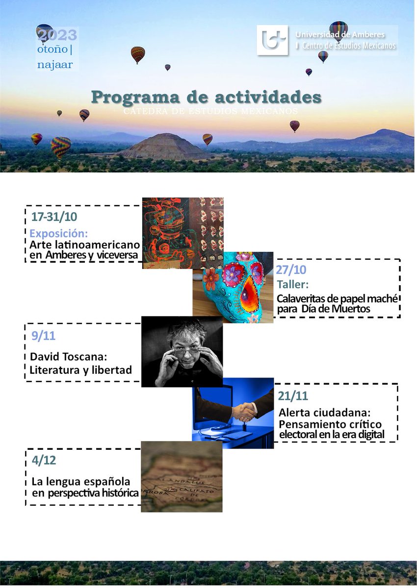 Más de diez artistas en exposición, literatura con el aclamado escritor mexicano David Toscana, un taller para hacer calaveritas de Día de Muertos y mucho más en nuestro programa de otoño 2023: medialibrary.uantwerpen.be/files/53809/16…..