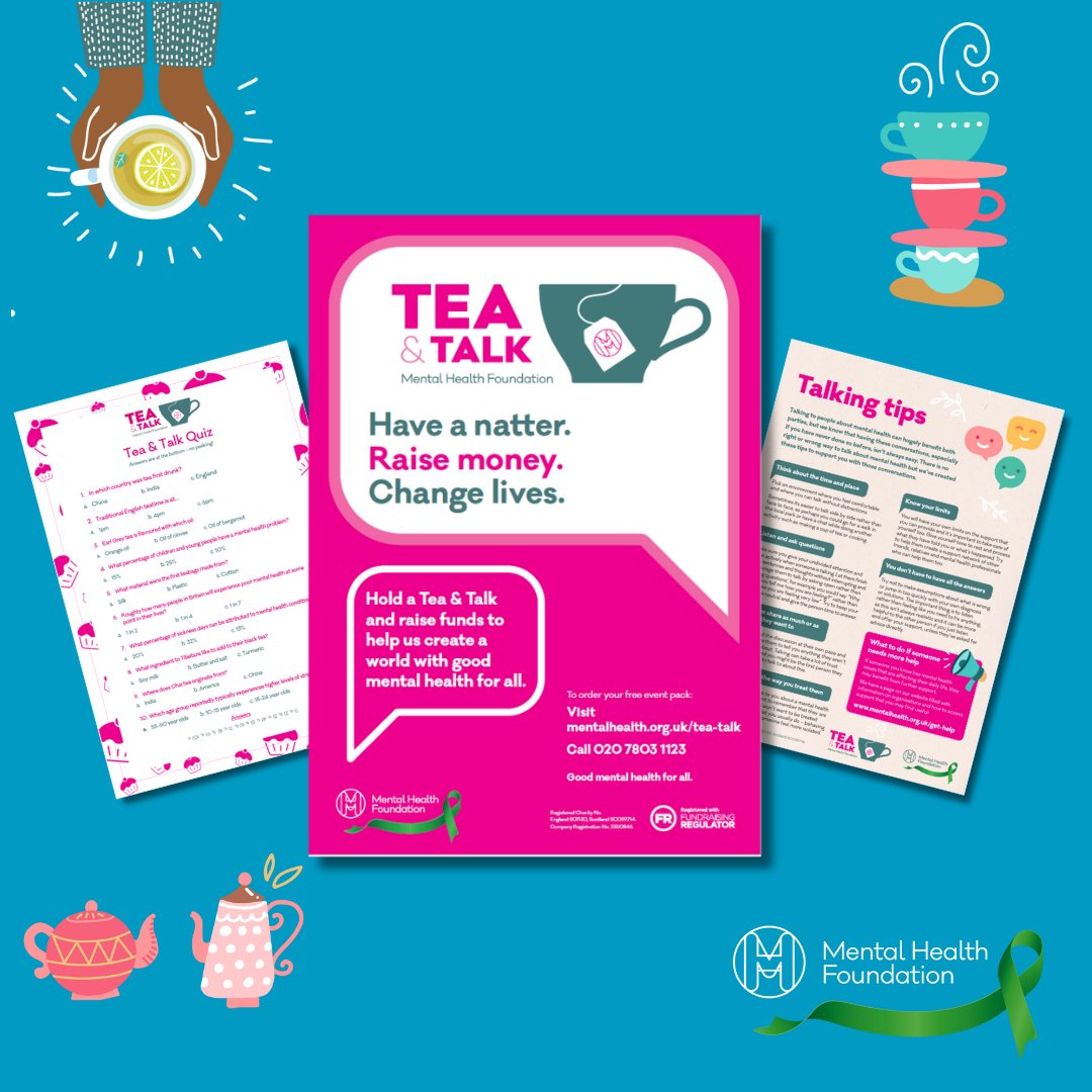 Have a Tea and Talk on 10 October for #WorldMentalHealthDay ☕

Talking is good for your mental health - and that's what Tea and Talk is all about!

Bring people together for tea, tasty treats and great conversation! Get your pack: bit.ly/3EOthru