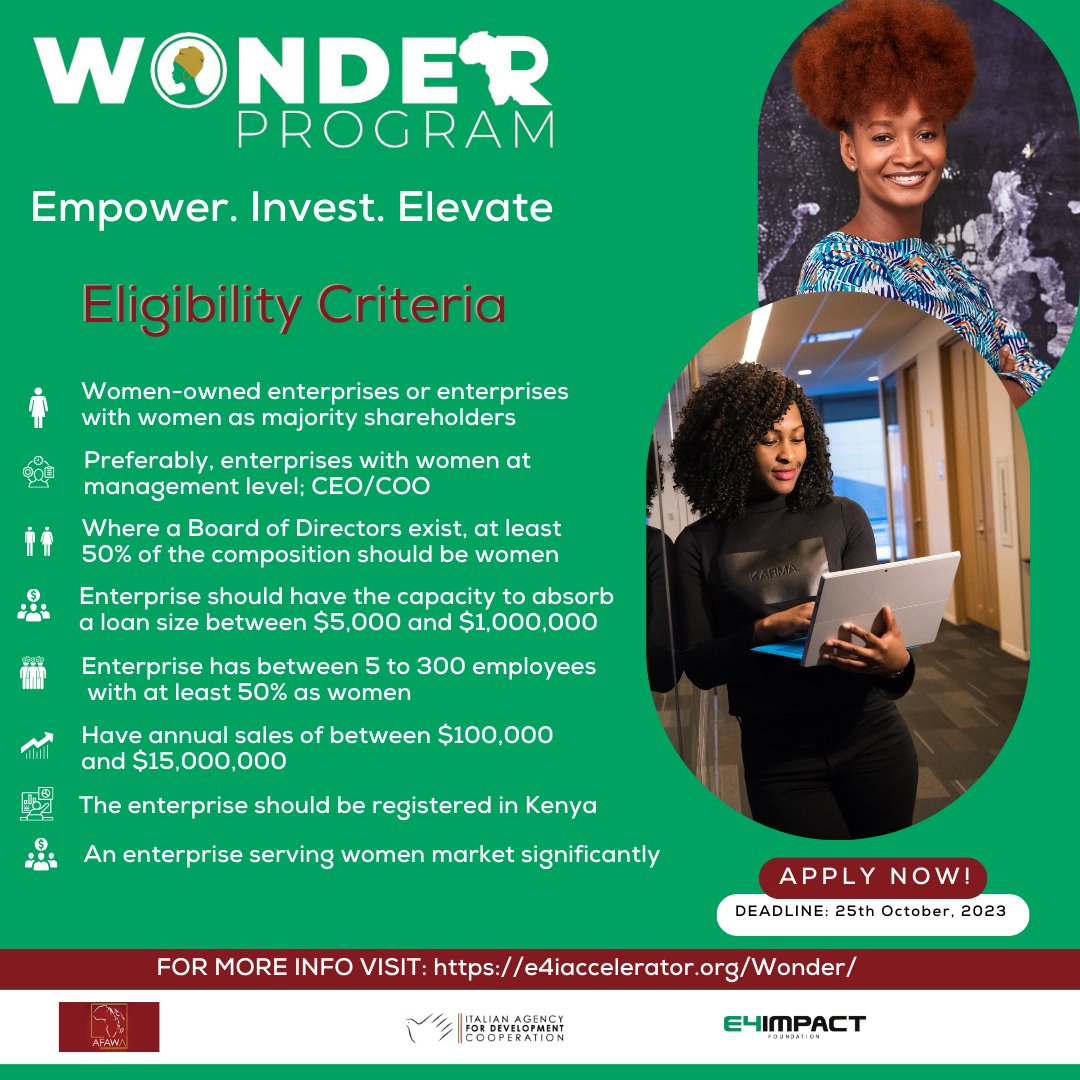 📢 RECRUITMENT!

#WONDERProgram is designed to #empower, #elevate and #invest in #womeninbusiness but there is more to it. Enterprises with majority #shareholding, top leadership as #women &amp; largely serving the women #market stand a chance too.

Apply here bit.ly/WONDERProgramC…
