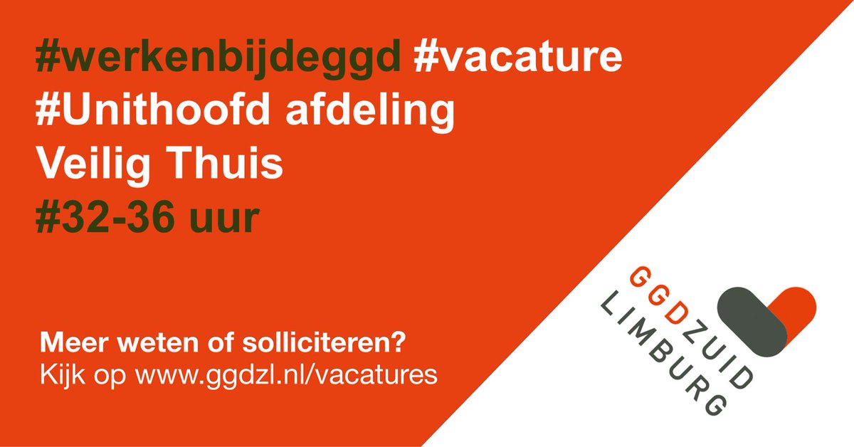 Binnen de afdeling Veilig Thuis zijn wij op zoek naar een ervaren, daadkrachtig en enthousiast Unithoofd. 

In de functie van Unithoofd Veilig Thuis geef je, samen met een collega Unithoofd, leiding aan de afdeling Veilig Thuis. 

Interesse? 👉 ggdzl.nl/over-de-ggd/va…