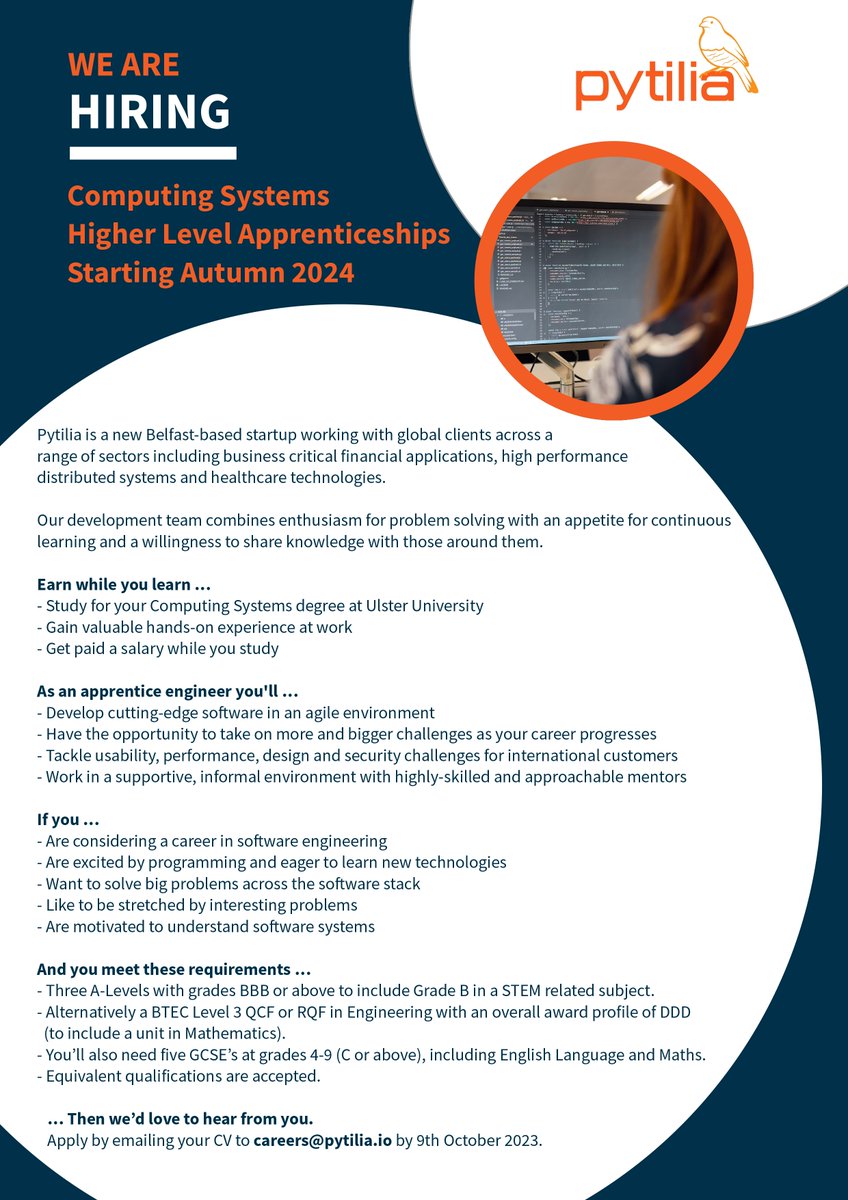 BringITOnNI's tweet image. Interested in earning while learning?

@pytilia_io is hiring! Higher Level Apprenticeships in Computing Systems💻

Apprentices will:
-Earn a Salary
-Study the Computing Systems degree
-Gain a hands-on experience

Email your CV to careers@pytilia.io by 9th October 2023 to apply⏰