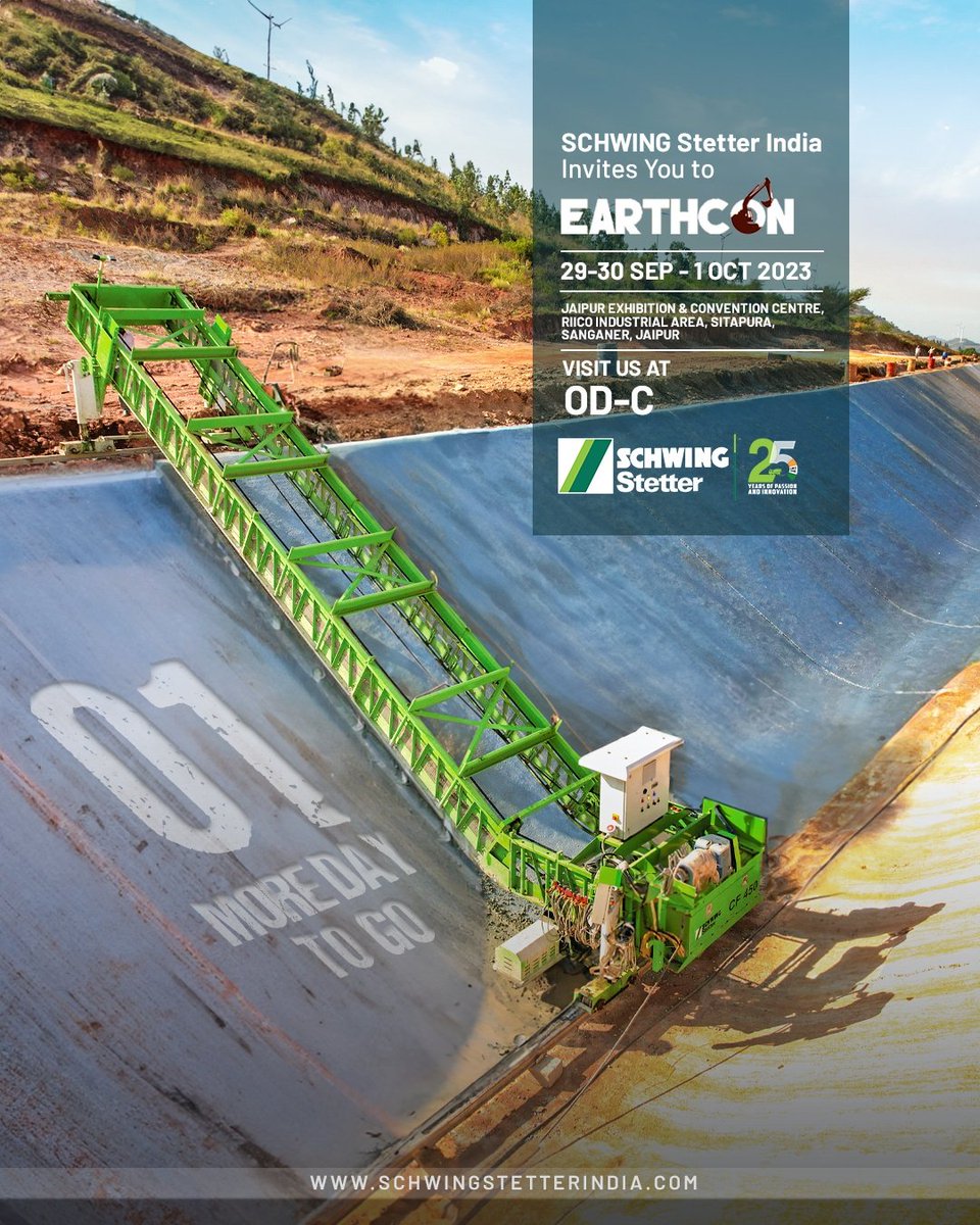 SchwingIndia's tweet photo. Only 1 day left until the #Earthcon Expo in Jaipur! Join us at Booth OD-C and witness the future of construction with #SCHWINGStetterIndia. Don't miss your chance to explore #innovations like our #CylinderFinisher! See you tomorrow!
.
.
@cbdhage @cvkrishnan @CVmagazine @EarthconExpo @IndianTechGuide @rsliveIndia @MORTHIndia