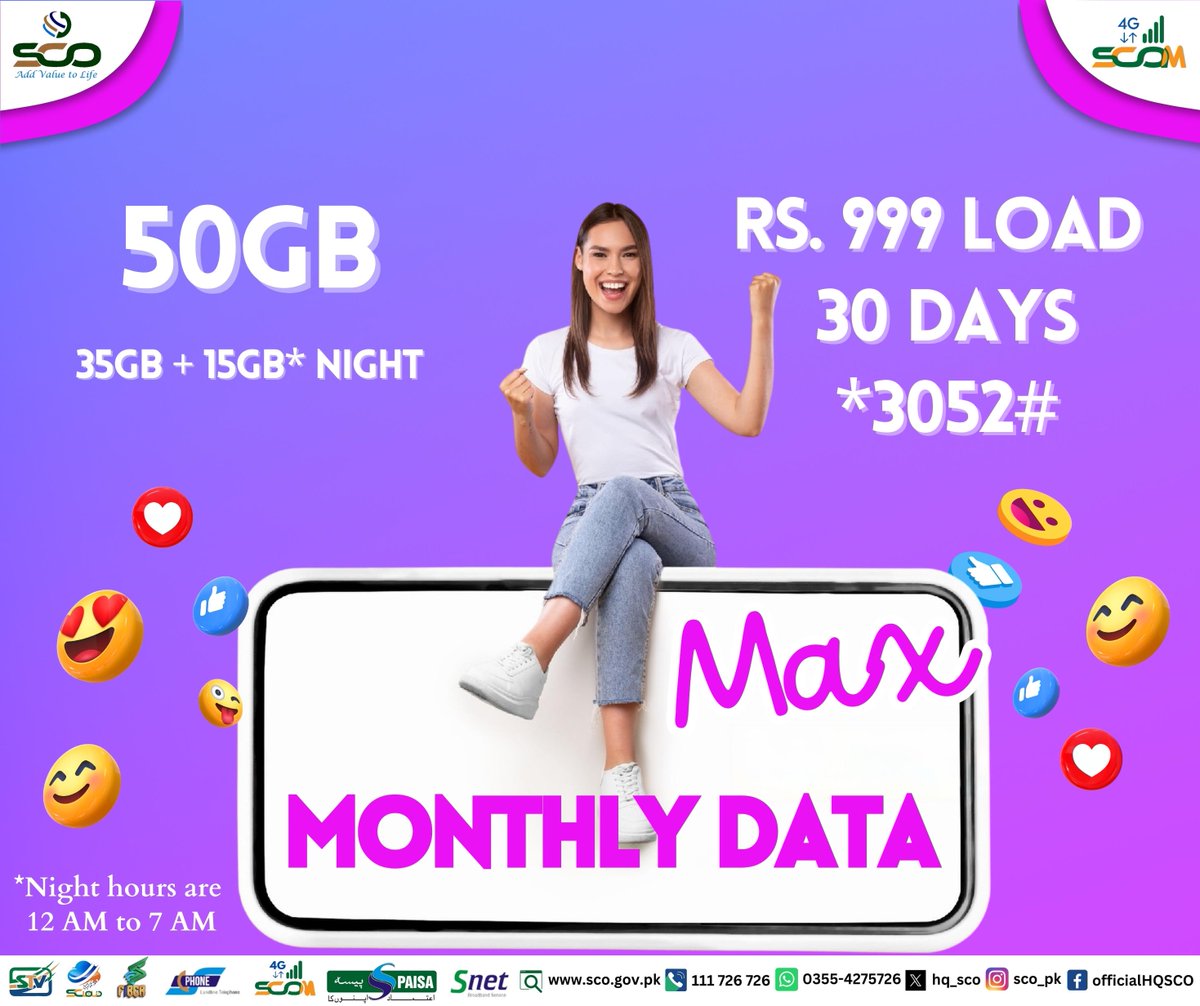 hq_sco's tweet image. Surfing, streaming, and staying connected just got better with our MONTHLY DATA MAX ✨
Enjoy 50GB of data for only Rs 999 💫
Includes 35GB for daytime use and an additional 15GB for late-night browsing 📱
#stayconnected #DataDeal #monthlyoffer #mobilepackage #4G #DigitalPakistan…