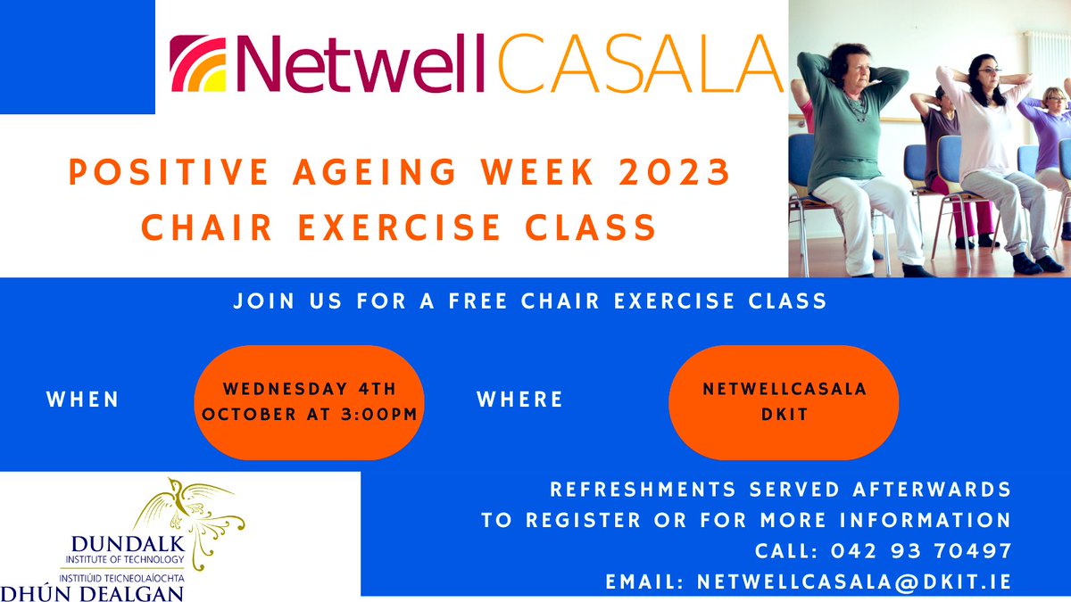 Oonagh Giggins (@oonaghgiggins) on Twitter photo Positive Ageing Week 2023
🗓️ October 1st - 7th, 2023
We in <a href="/CASALATWEET/">NetwellCASALA</a> are delivering a free chair exercise class to celebrate #PositiveAgeingWeek and you are invited to join us.
See details below to register. Positive Ageing Week 2023
🗓️ October 1st - 7th, 2023
We in <a href="/CASALATWEET/">NetwellCASALA</a> are delivering a free chair exercise class to celebrate #PositiveAgeingWeek and you are invited to join us.
See details below to register.