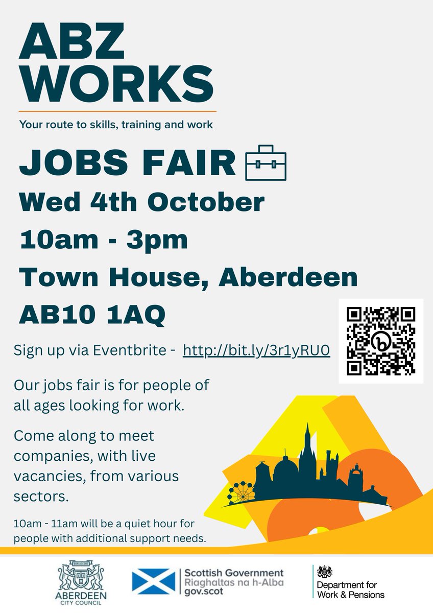 AbzWorks's tweet photo. 📢📢📢6 DAYS TO GO📢📢📢
Our next @AbzWorks jobs fair will take place on Wednesday 4th October, 10am - 3pm at the Town House.
Register to come along on eventbrite - https://t.co/974uyFBvsY... or call us on 01224 346100.

#abzworks #jobsfair #employability https://t.co/oA0s87ZJOM