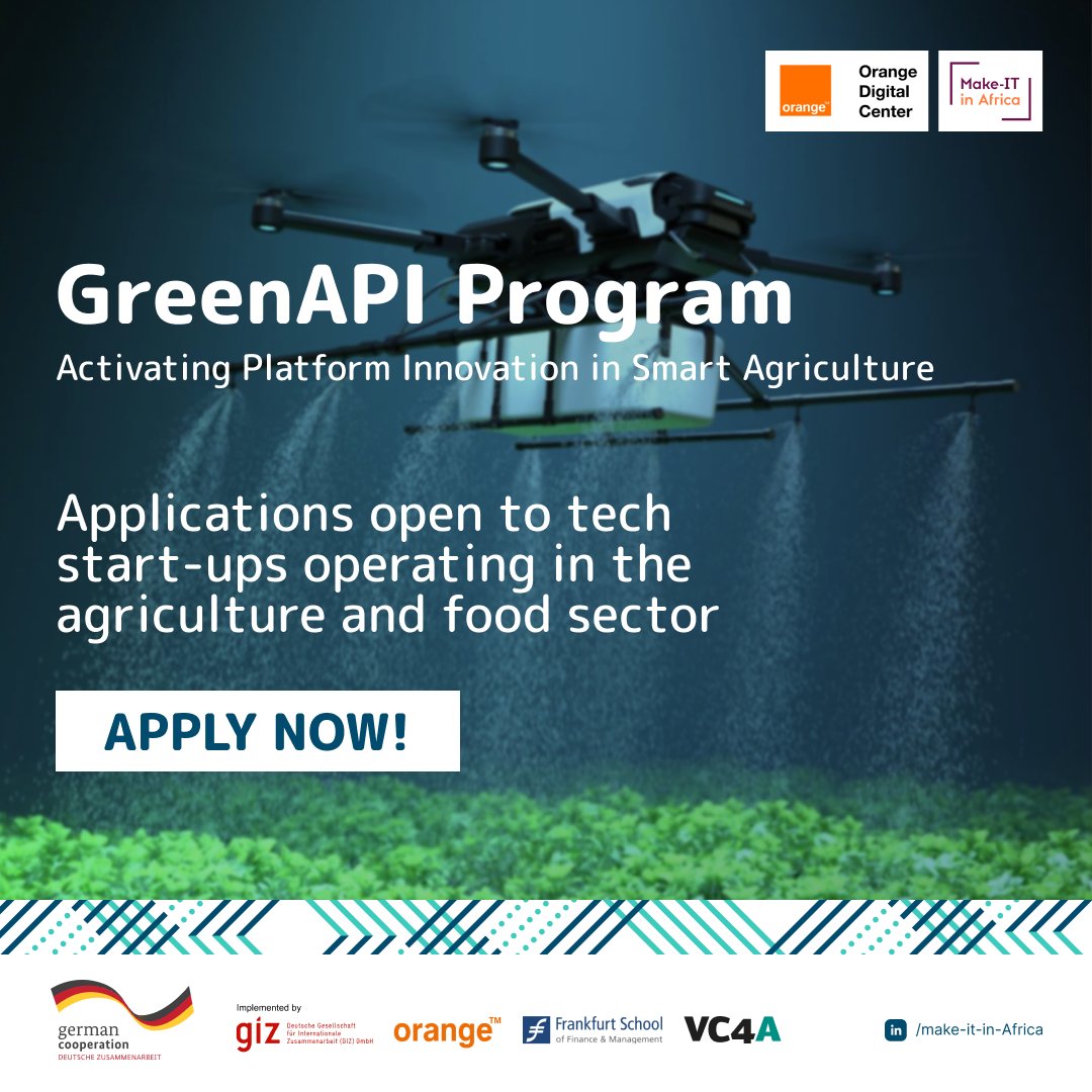 VC4A_Africa's tweet photo. 🌱The GreenAPI: Smart Agriculture Program by Orange and GIZ is now open!

Apply now for a chance to scale your #agritech or #foodtech startup in #Senegal and #WestAfrica 🌍

👉Apply by Oct. 16th, 2023: https://t.co/pA9y1EtuO8

#GreenAPI https://t.co/xJ26jek0Ey