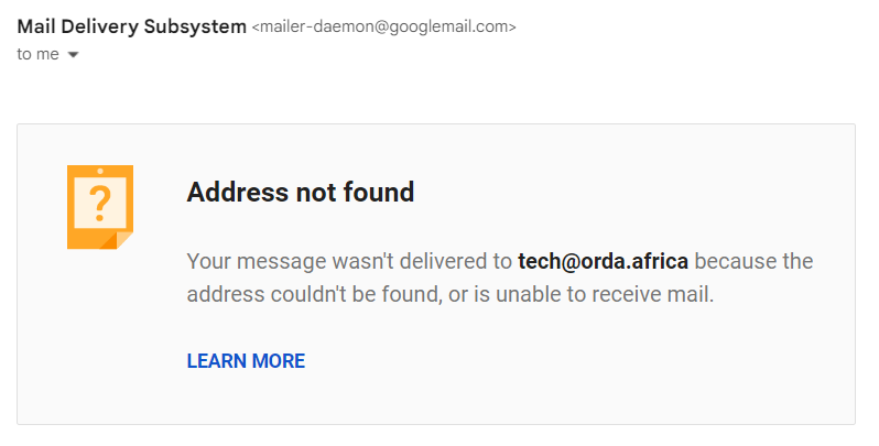 sixside's tweet photo. @orda_africa "Your message wasn't delivered to tech@orda.africa because the address couldn't be found, or is unable to receive mail." https://t.co/lBjOahRRol