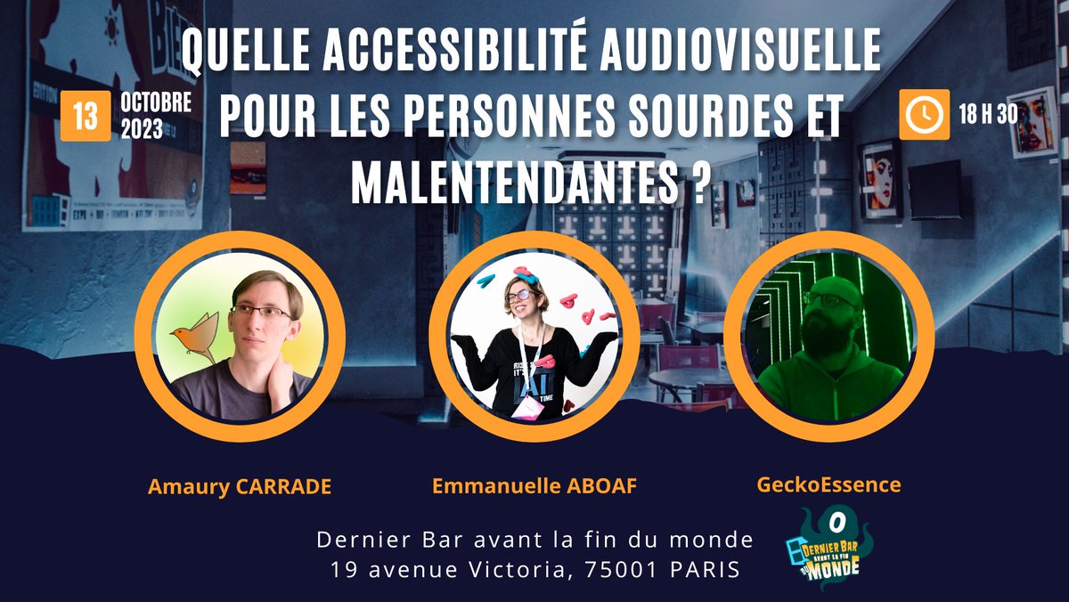 Mais dites donc incroyable est ce qu'on se retrouverai pas au Dernier Bar avant la fin du monde pour parler de Twitch, de sous-titres, d'accessibilité et tout d'ici genre deux semaines ? 
Événement gratuit, + d'infos ici :
facebook.com/events/6360401…