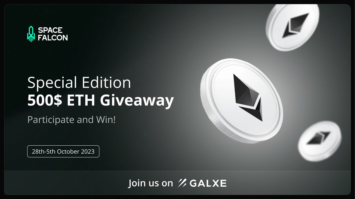 fcon_dex's tweet photo. Special Edition Galxe Giveaway! 🎉

500$ #ETH for 5 lucky winners! 🏆

Requirements:
✅ Follow @fcon_dex and @SpaceFalconIO
✅ Like & RT
✅ Tag 3 friends

👑 Bonus task
- Engage with posts of both Twitter accounts. 
- Join us on Galxe! 

⏰ 28th - 5th, October

#Giveaway #Airdrop