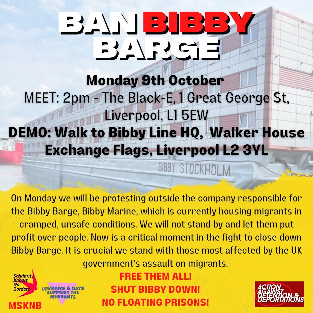 Kitdempsey's tweet image. Liverpool folk &amp;amp; anyone up for @TWT_NOW demo against #BibbyStockholm Mon 9th #BanBibby @Medact @SKNBMerseyside @DocsNotCops @migrantsorg