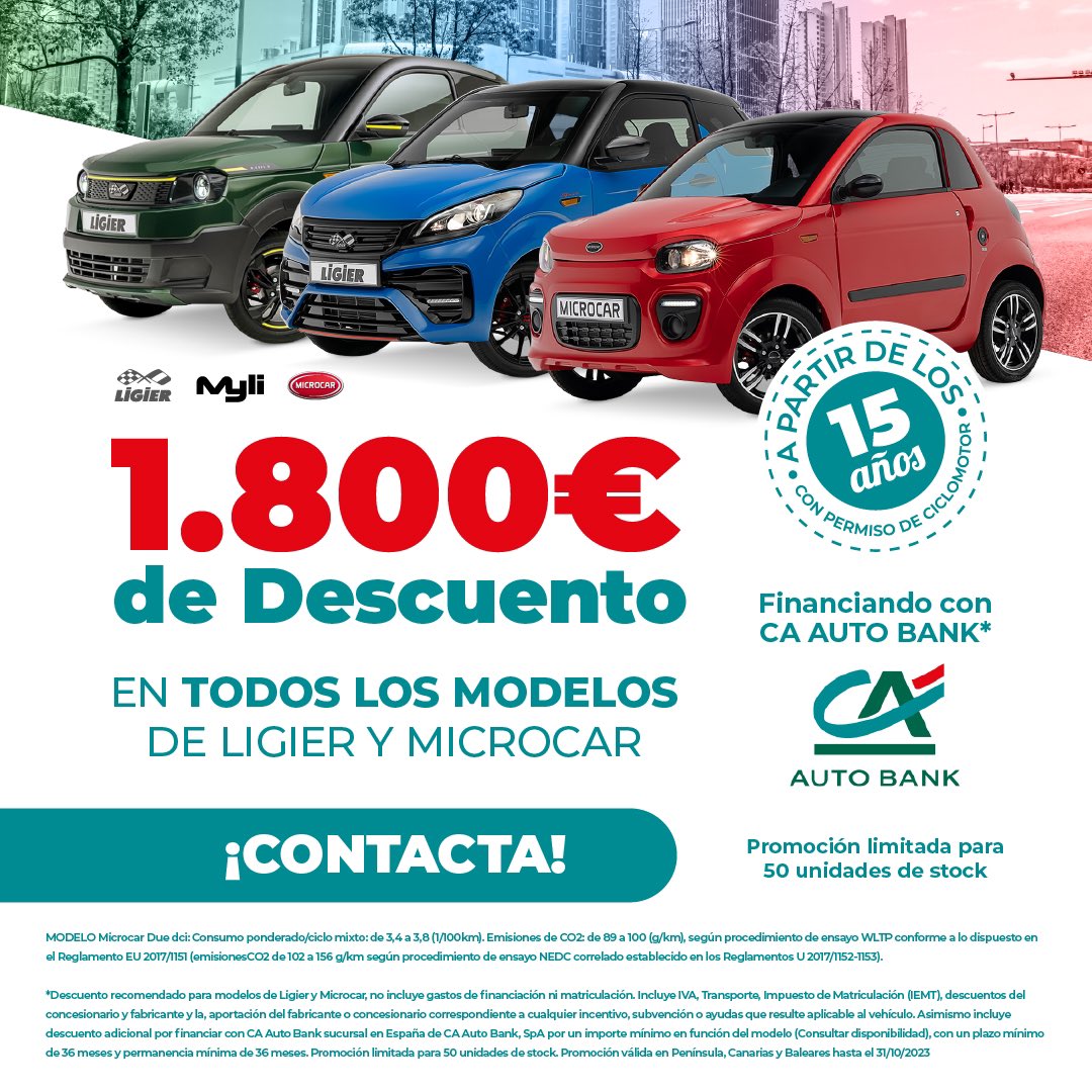 ¡ATENCIÓN! Tienes la oportunidad de conseguir un DESCUENTAZO de 1800€ en tu Ligier o Microcar al financiarlo con CA AUTO BANK.

Esta oferta es por tiempo limitado y solo estará disponible hasta el 31 de octubre. @CA_ConsuFinance <a href="/Faconauto_com/">FACONAUTO</a> 

automovilesligier.es/contacto/

#Ligier