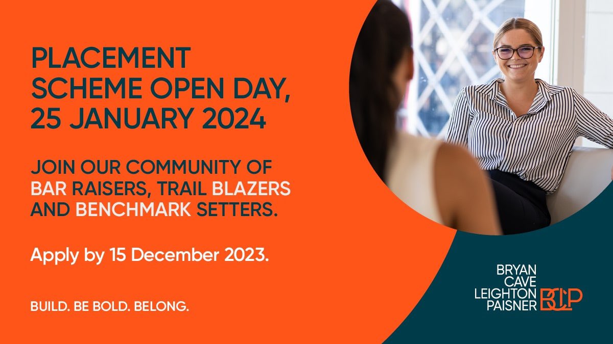 Are you interested in our Undergraduate Placement Scheme and want to find out more? We’re hosting an open day on 24 January 2024, where you can find out more about the scheme and whether it's right for you. Apply using the link below: Apply Now | trainee.bclplaw.com/apply-now)