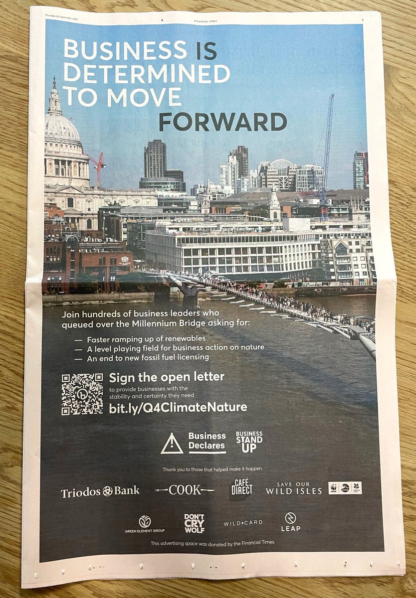 After standing together in the #Q4ClimateNature, today in the <a href="/FT/">Financial Times</a> we join with other progressive businesses to call on all political parties to make wise decisions for our future. <a href="/BizDeclares/">Business Declares (inactive)</a> <a href="/BusinessStandUp/">Business Stand Up</a>

👉 Sign the open letter here: bit.ly/Q4ClimateNature