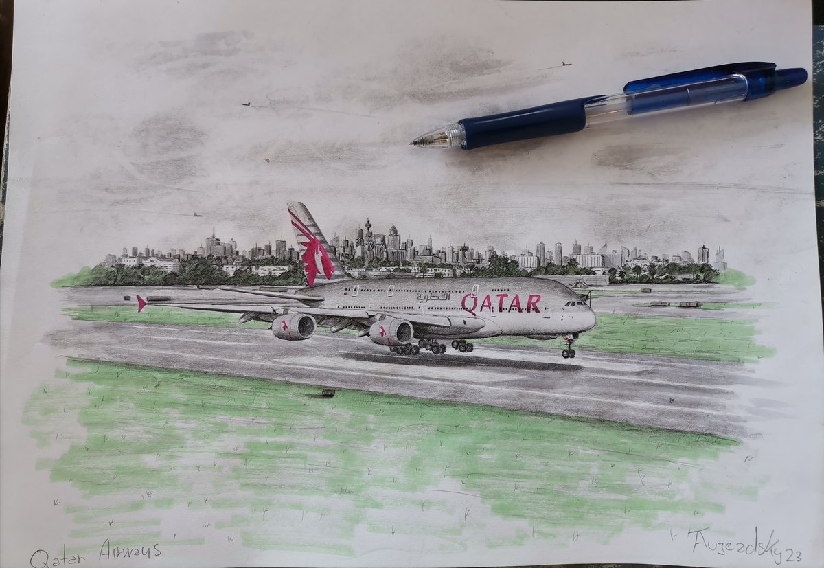 AujezdskyT31991's tweet photo. Tentokrát Airbus 380 v barvách Qatar airways.  👍✈️This time an Airbus 380 in the colors of Qatar airways.  👍✈️ @qatarairways @Airbus #landing #drawing #photography #work #aircraft #aircraftlove https://t.co/eRc67PtoLt