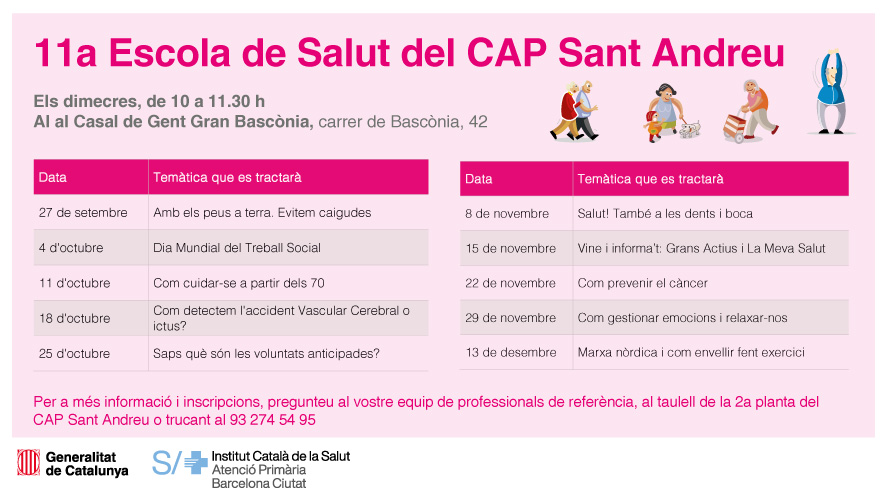 Ha començat l'11a edició de l'#EscoladeSalut del #CAPSantAndreu amb la sessió 'Amb els peus a terra', impartida per la fisioterapeuta Laia Ariño per oferir eines per evitar caigudes

Més activitats, fins al 13 de desembre, els dimecres, a les 10 h, al Casal de Gent Gran Bascònia