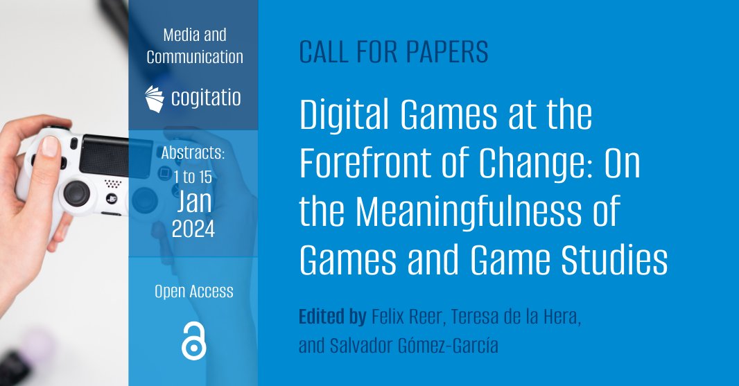 We have a #callforpapers for an #openaccess issue that explores the meaningfulness of digital #games in society, from their use in education and therapy to their impact on #mentalhealth and well-being. 

Call: shorturl.at/cwzPS

<a href="/teresadelahera/">Teresa de la Hera</a> <a href="/salvagoga/">Salvador Gómez-García</a>