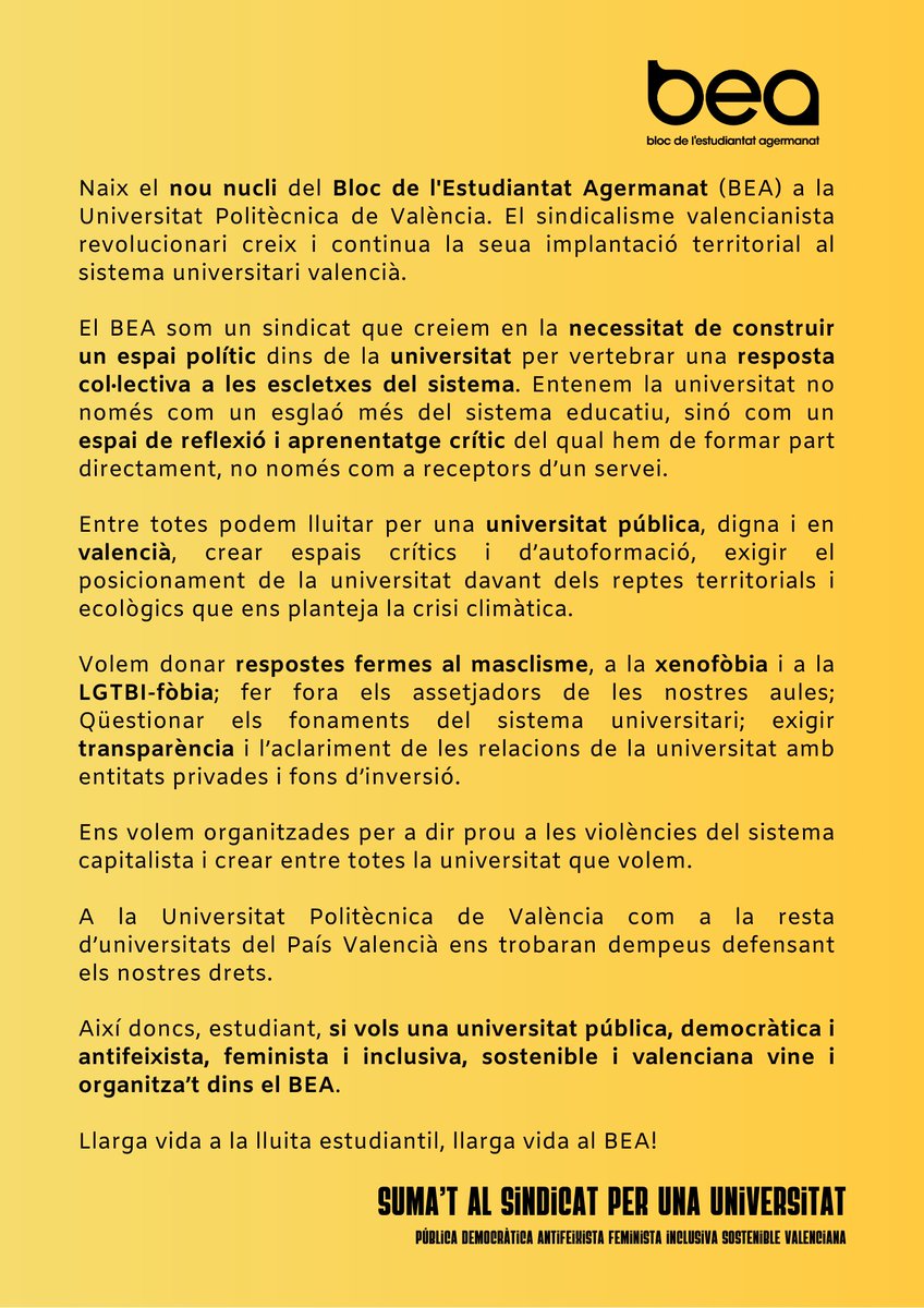 bea_UV's tweet photo. 👶🏼 Naix el BEA a la Universitat Politècnica de València amb la voluntat de ser una alternativa per a l'estudiantat. 

👉🏽 Apostem per una Universitat més valenciana, sostenible, democràtica, pública, feminista i inclusiva. 

T’esperem ✊🏼 https://t.co/bhgz4j1RF5