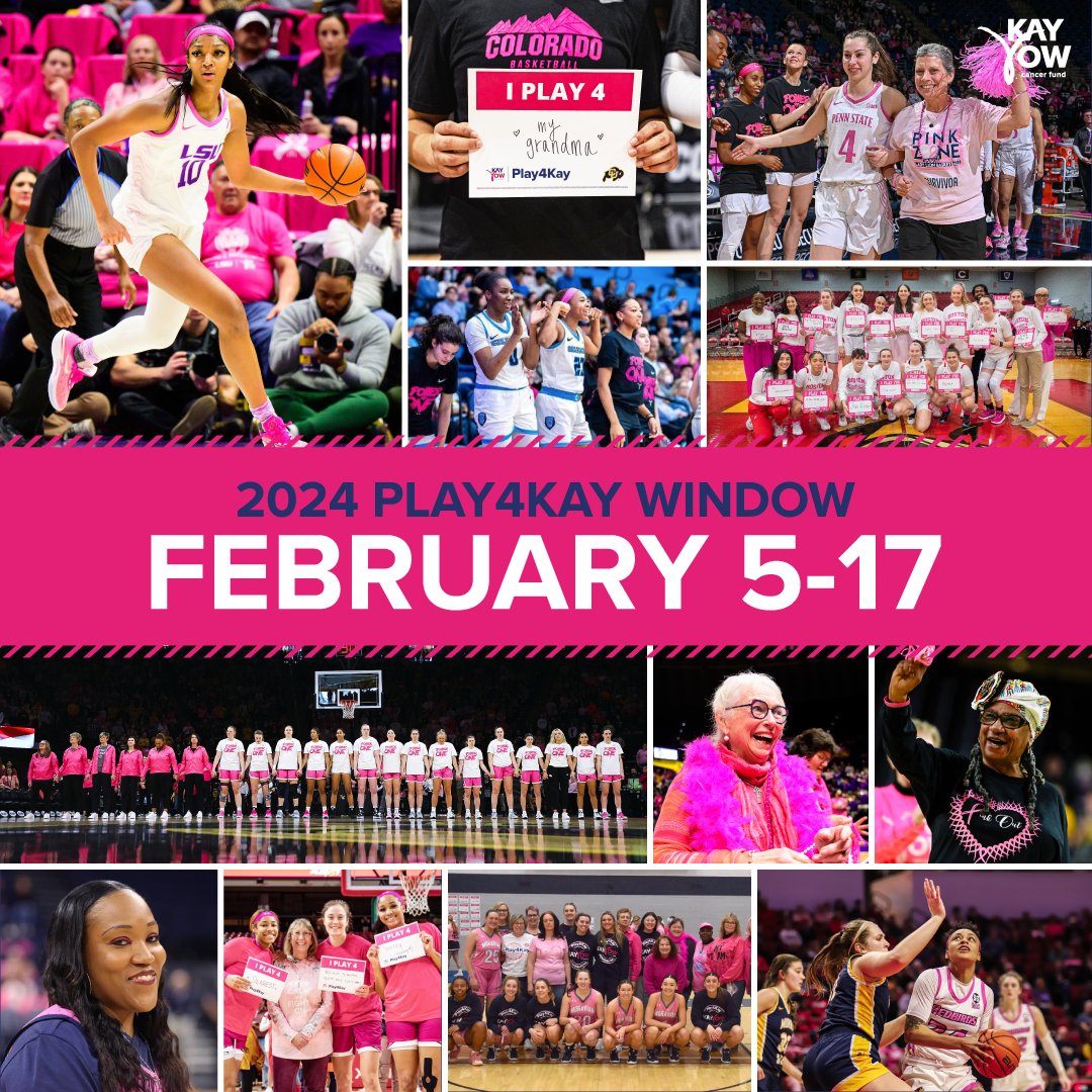KayYowFund's tweet photo. Mark your calendars! The 2024 collegiate women's basketball Play4Kay Window has been set. Play4Kay is a nationwide movement where coaches, players, fans and officials celebrate cancer survivors, thrivers and warriors. Learn more about Play4Kay today! #P4K https://t.co/50rEmsxAW0 https://t.co/oHuSsrXauW