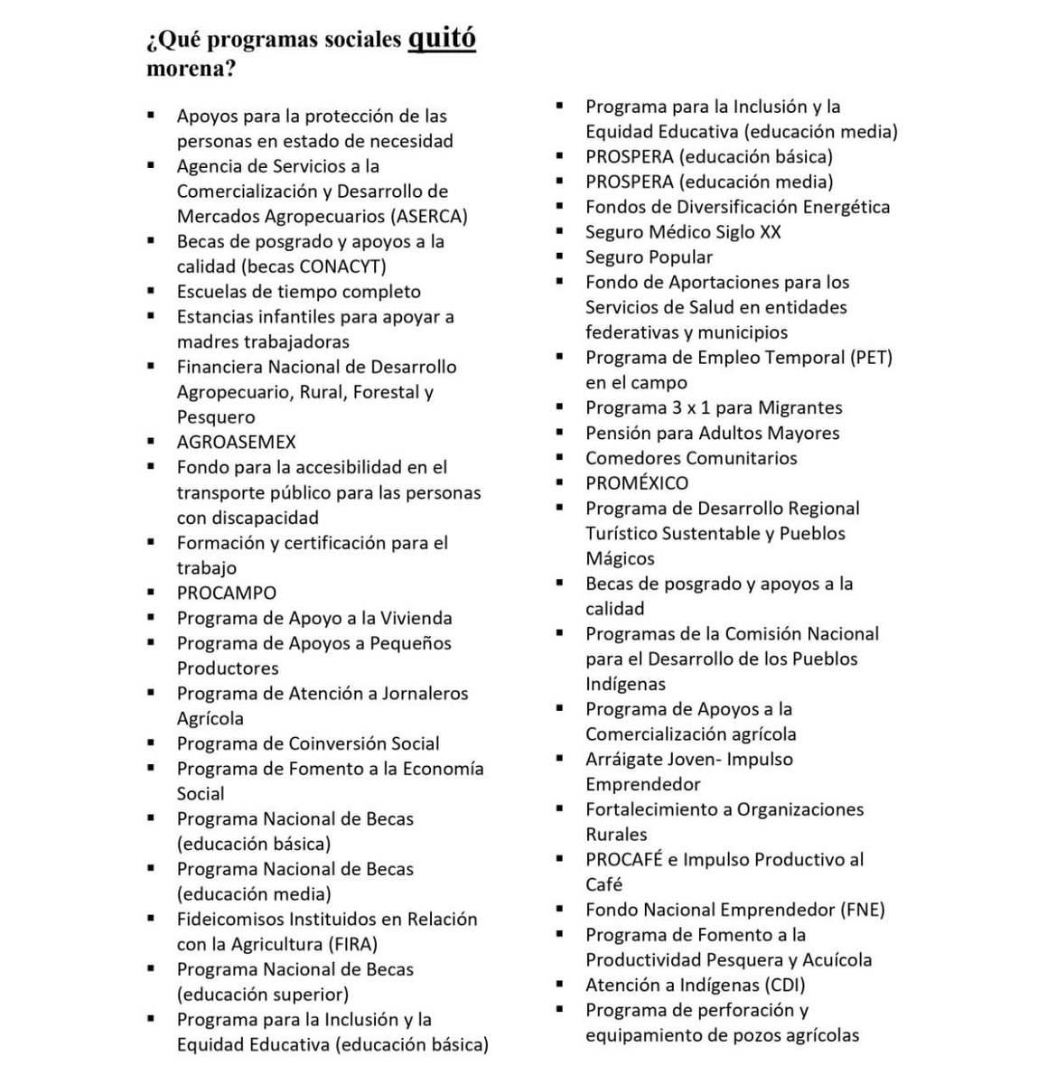 darpanreveal's tweet photo. Para los que se regordean de que Chimoltrufio elevó a grado constitucional las pensiones que instauró Fox...

Aquí les va una lista de los programas que les quitó el Rifas.

A ver si sus $500 pesos por voto les alcanza para cubrir todo esto durante 3 o 6 años. https://t.co/sgZWH2HEu2